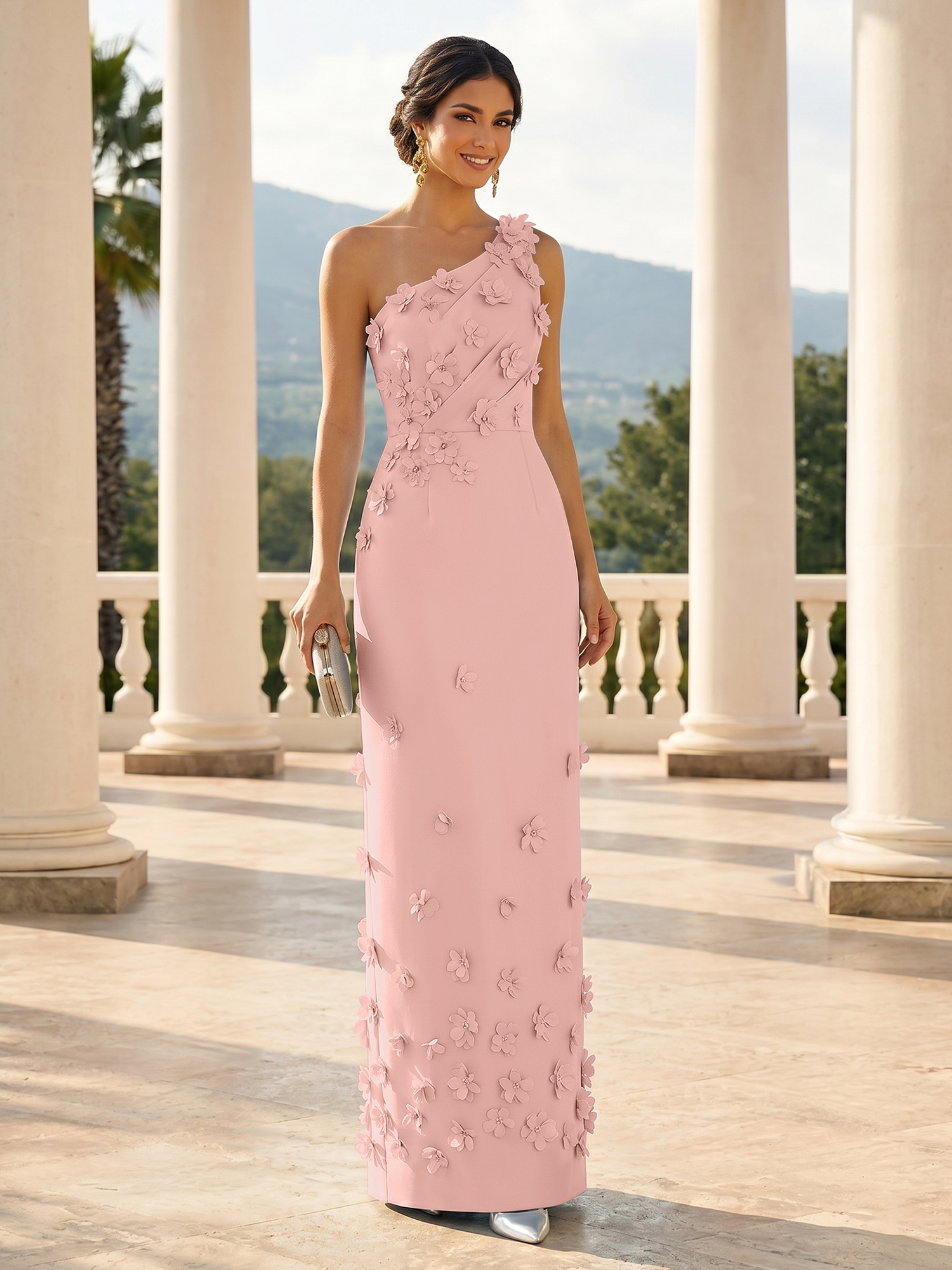 Enchanting Sky Blue One-Shoulder Evening Dress with 3D Floral Appliqués