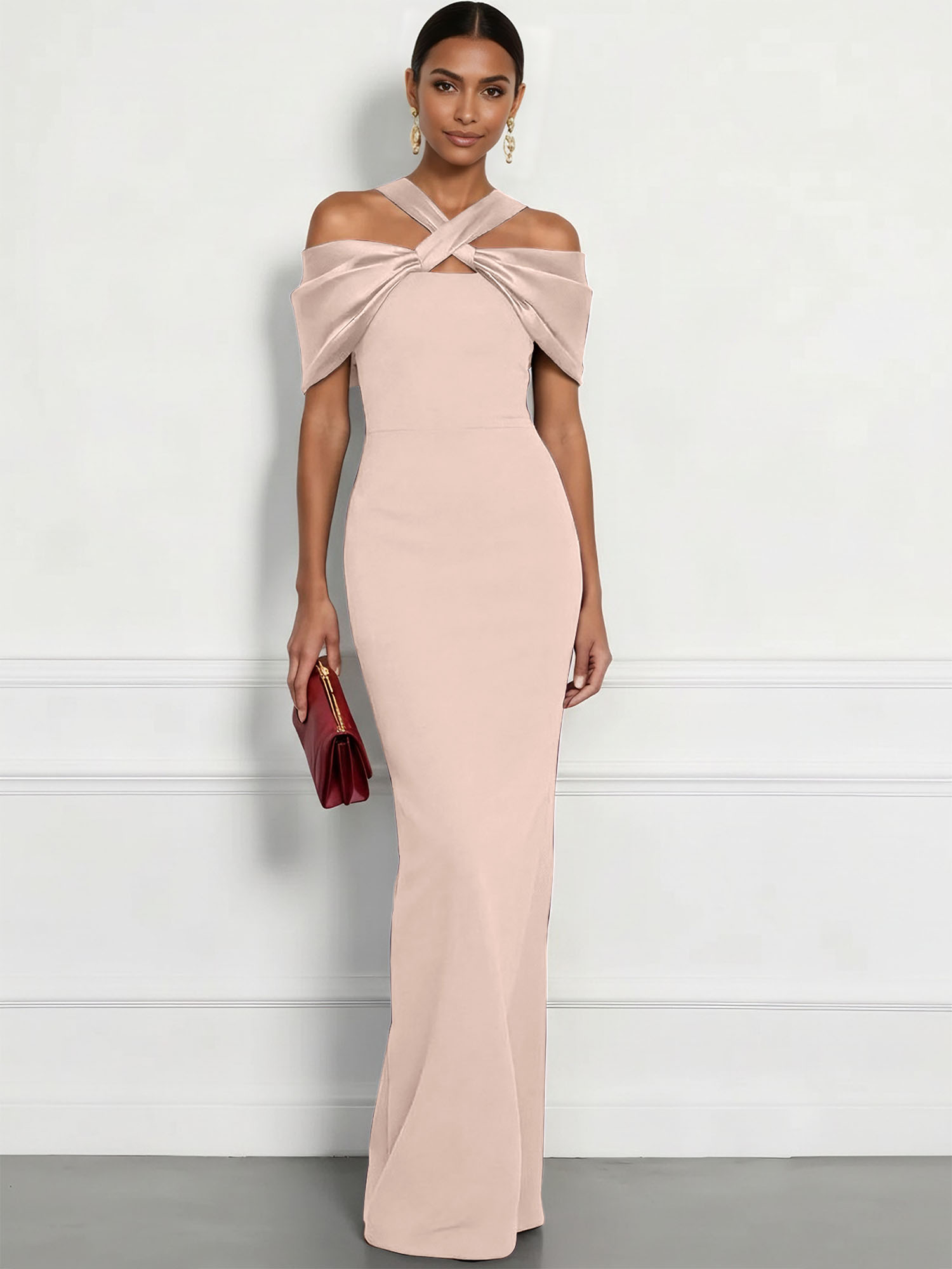  Regal Plum Crepe Column Gown with Satin Criss-Cross Halter Maxi Dress