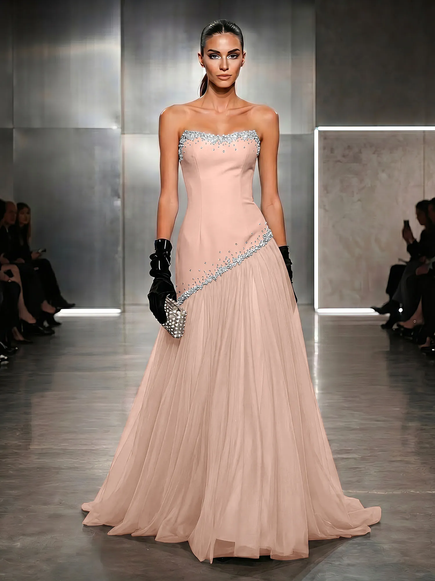 Strapless Tulle Beaded Corset Evening Gown Maxi Dress