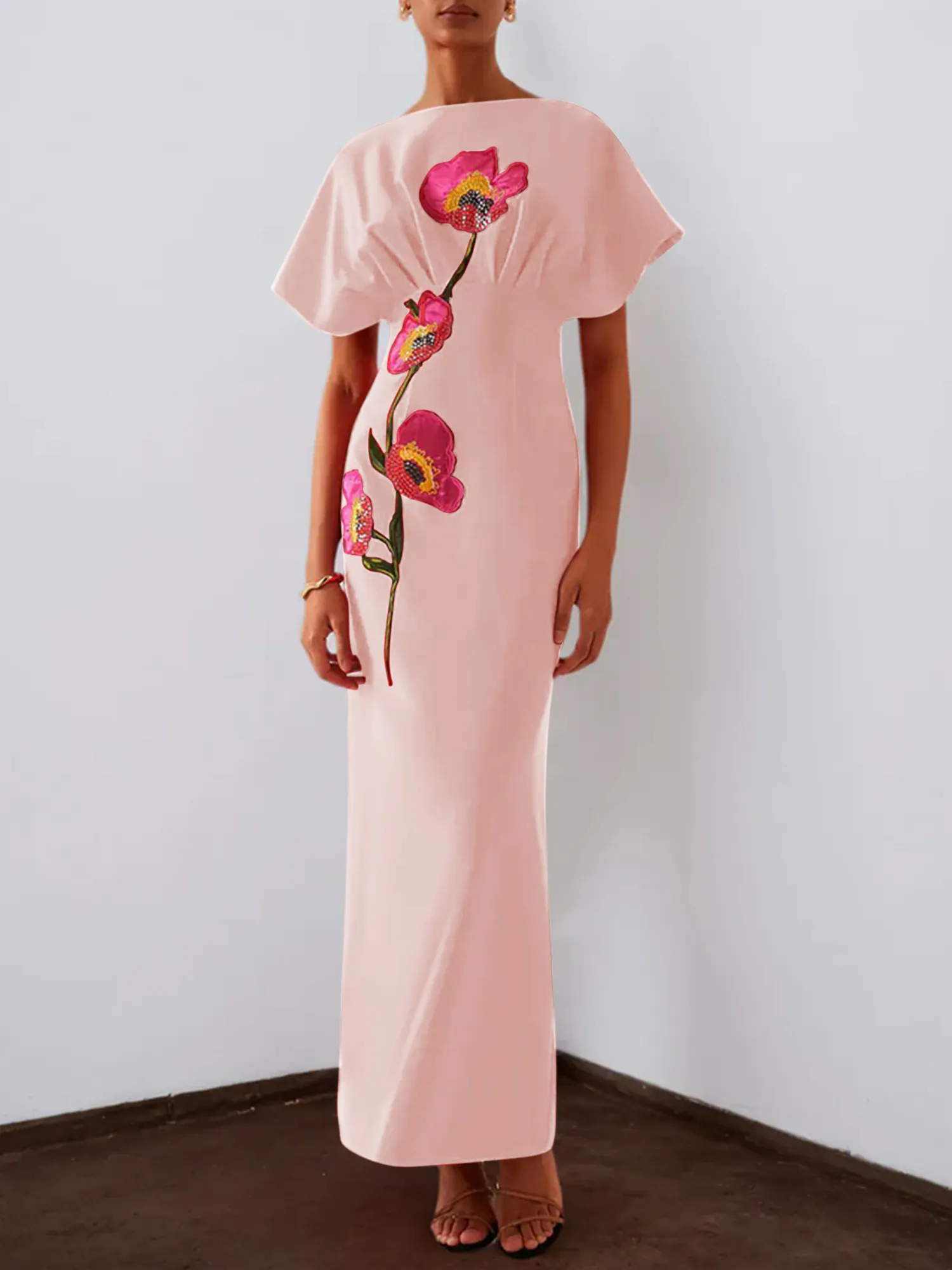 Floral Embroidered Boat Neck Batwing Sleeve Column Evening Gown