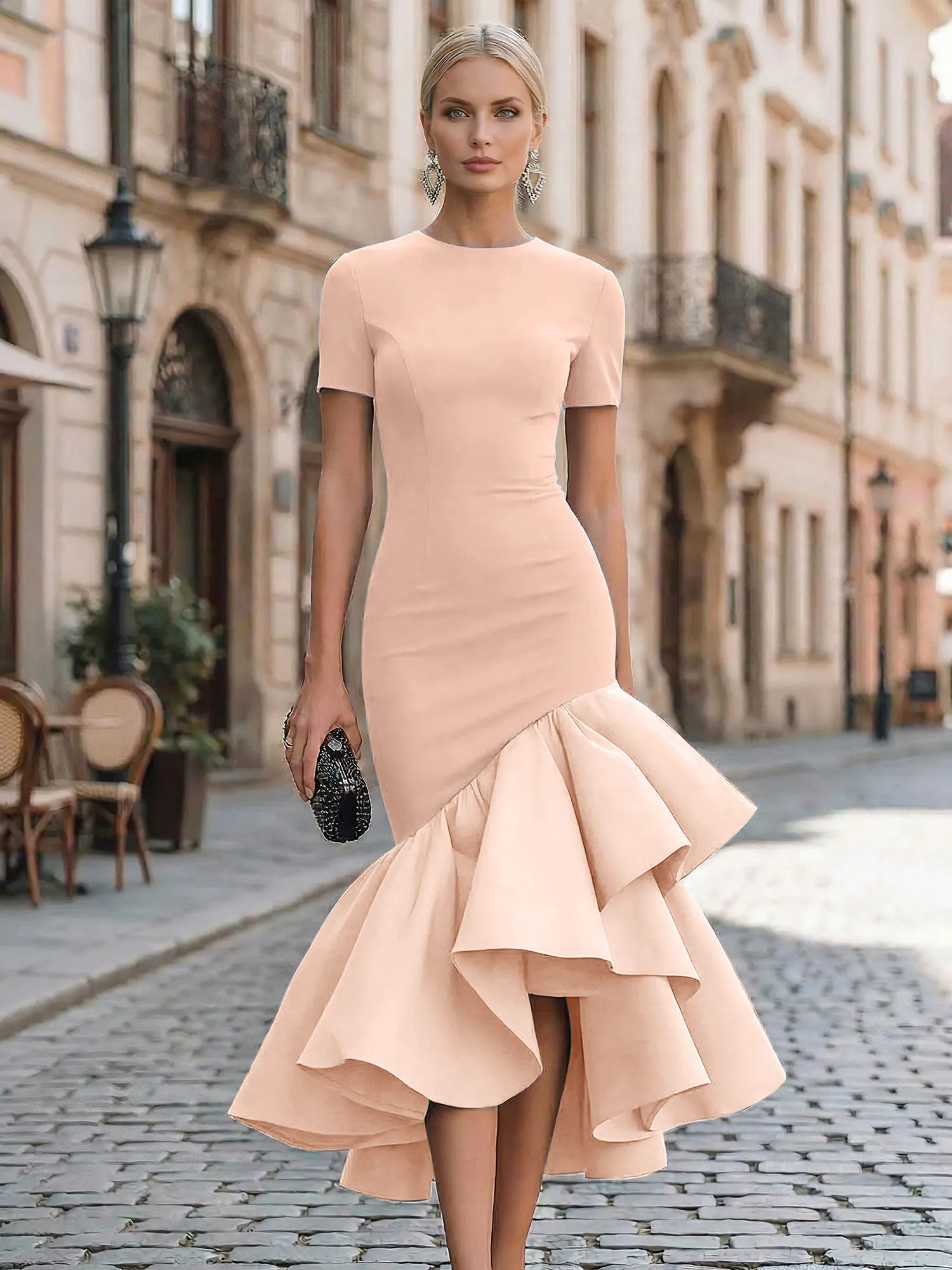 Evening Foraml Gown Avant-Garde Black Short-Sleeve Tiered Ruffle Midi Dress
