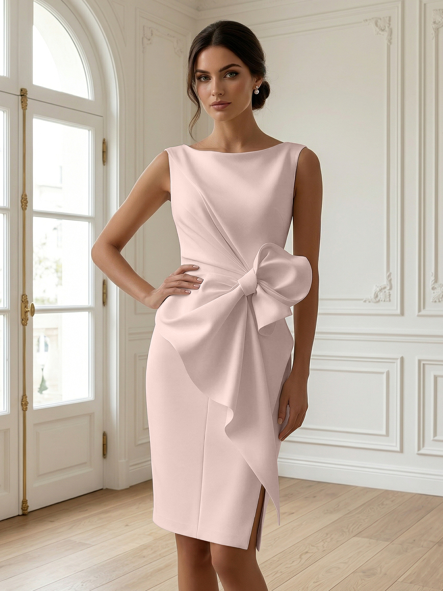White 3D Bow Sleeveless Sheath Midi Dress Evening Gown