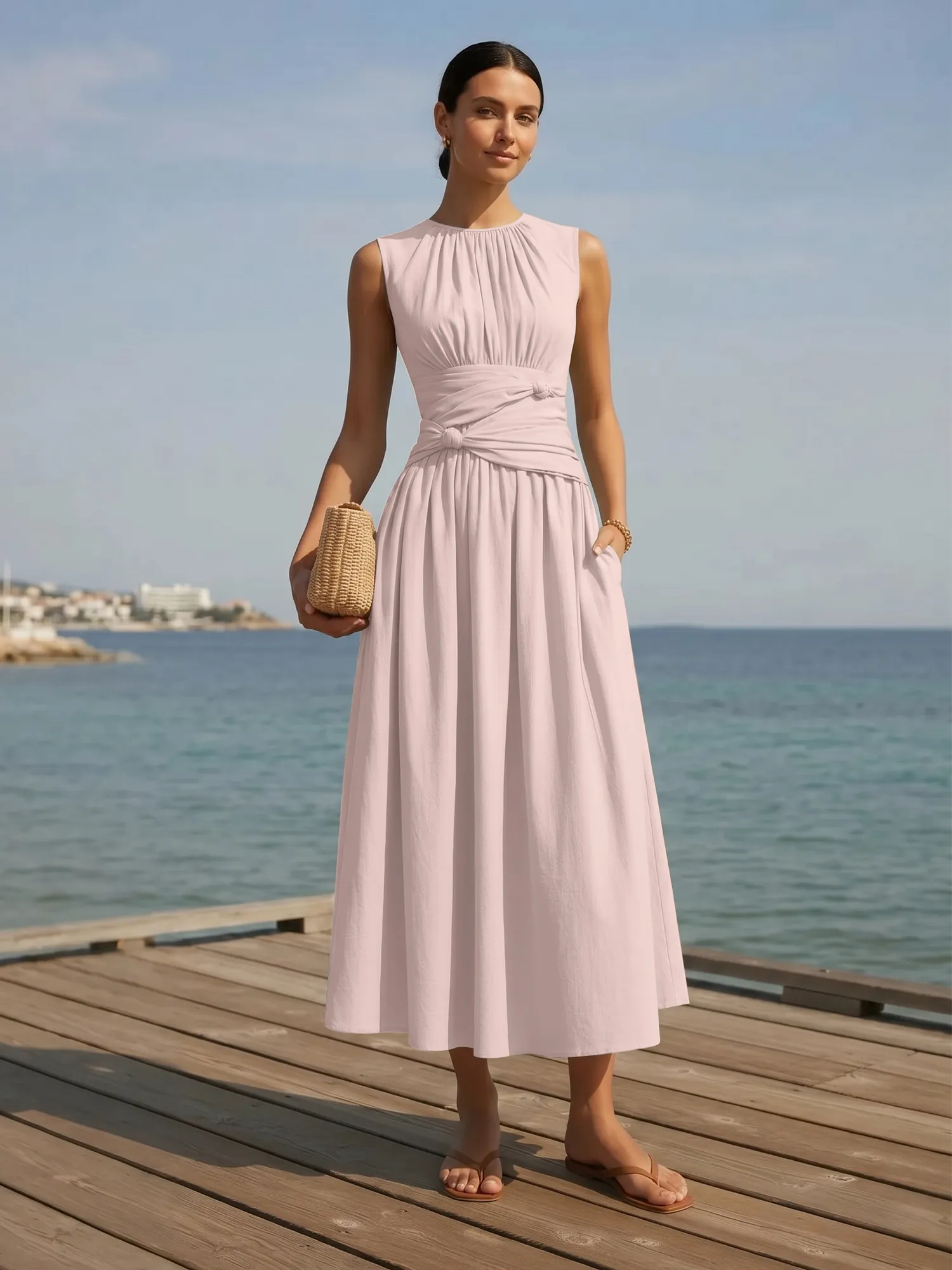 Sleeveless Round Neck Waist-Knot Midi Evening Dress