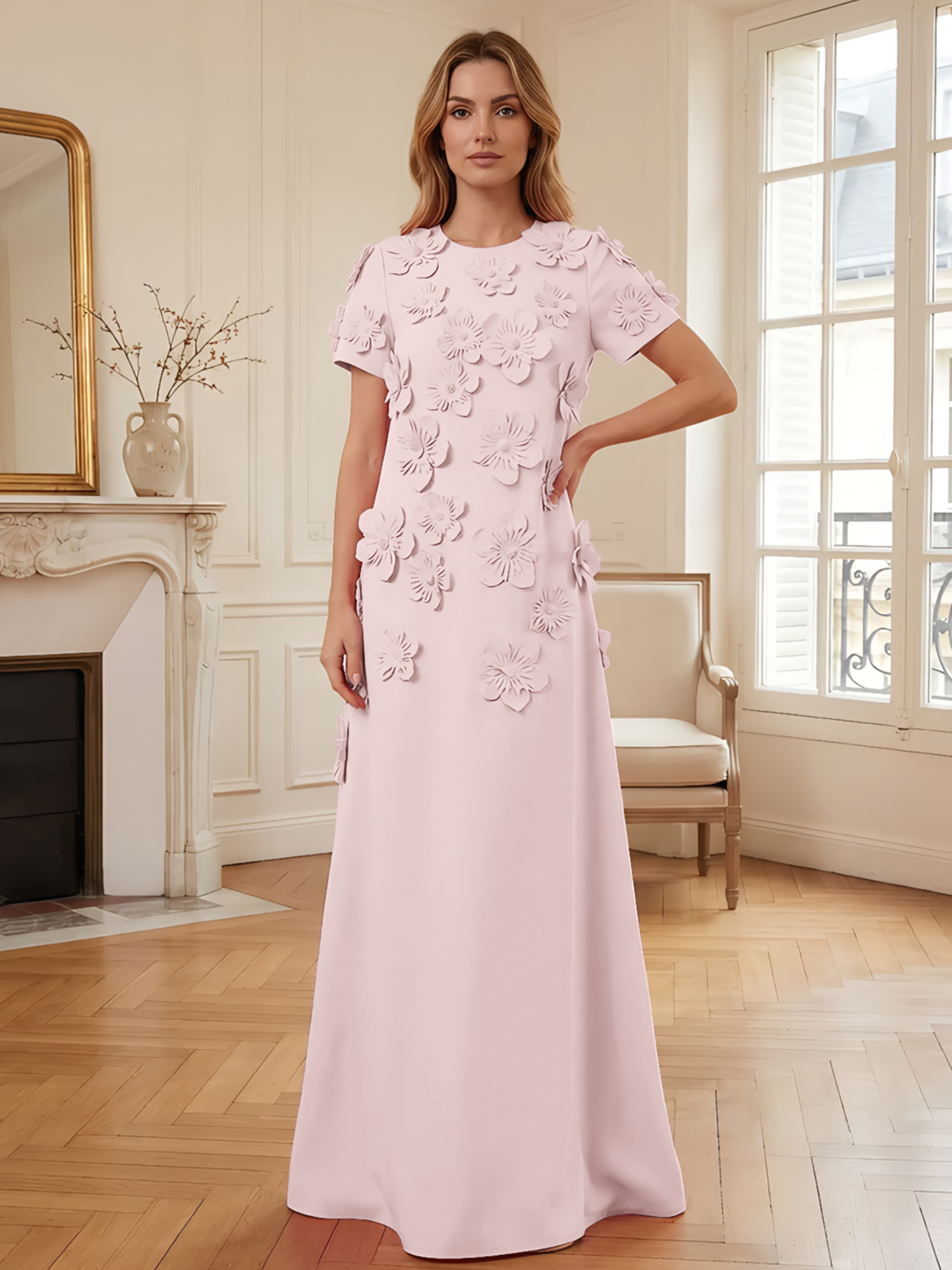3D Floral Applique Short-Sleeve Column Evening Gown
