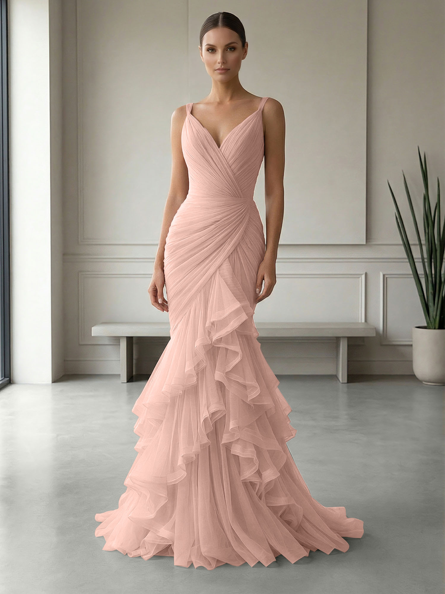Mauve Folds Tulle Strapless Sleeveless Mermaid Gown Dress