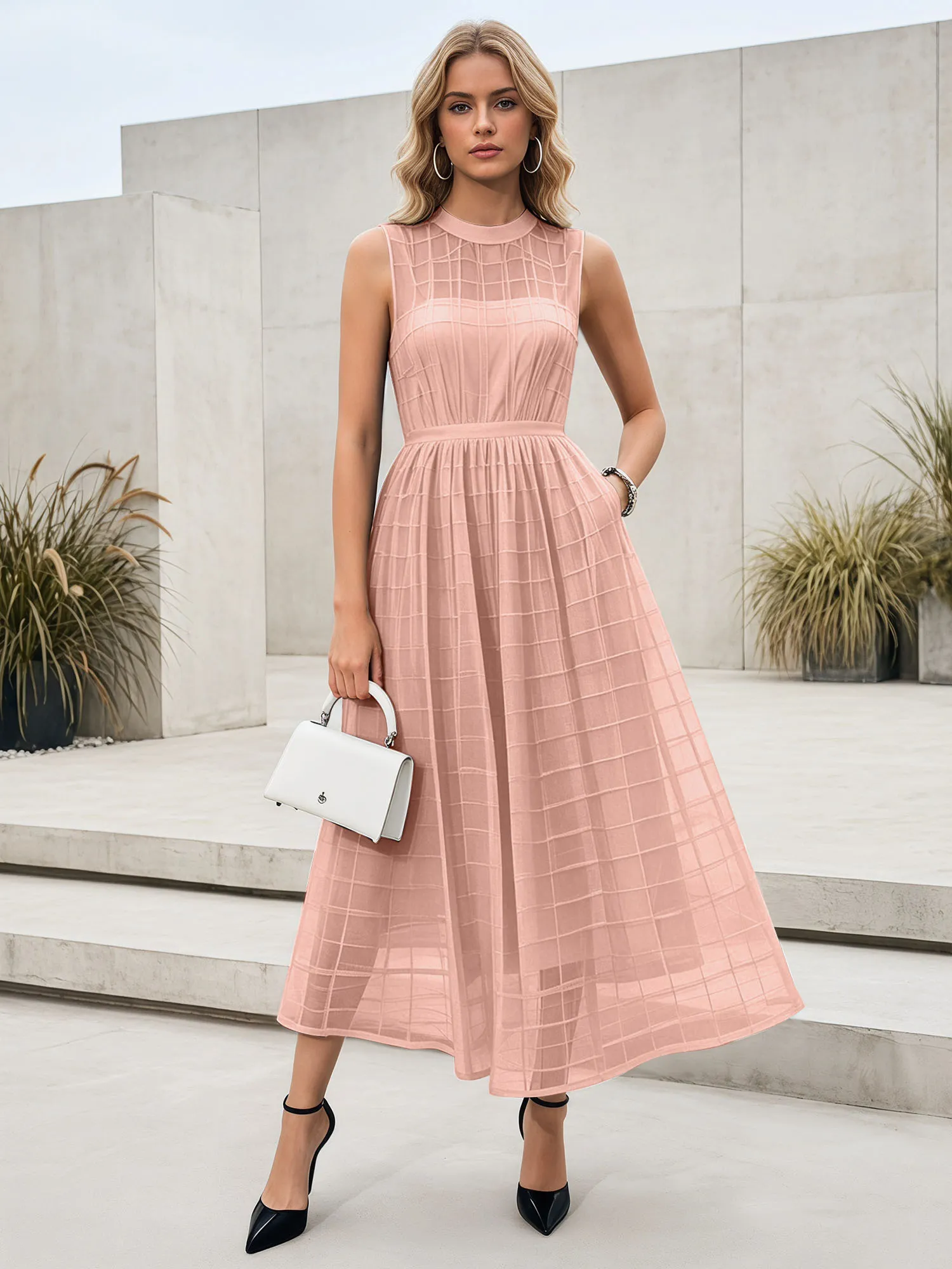 Sleeveless Grid Mesh A-Line Midi Evening Dress