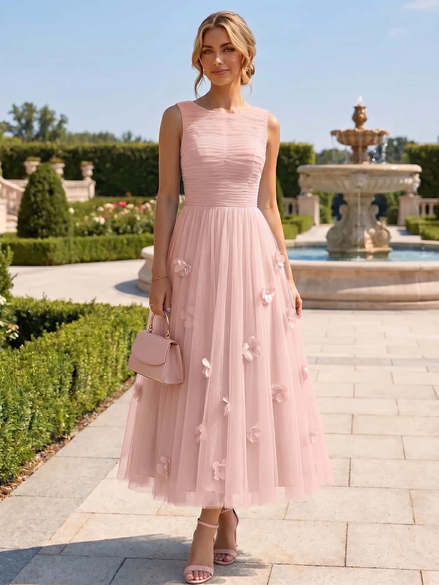 A Line Sleeveless Tulle Midi Dress with 3D Floral Appliqués