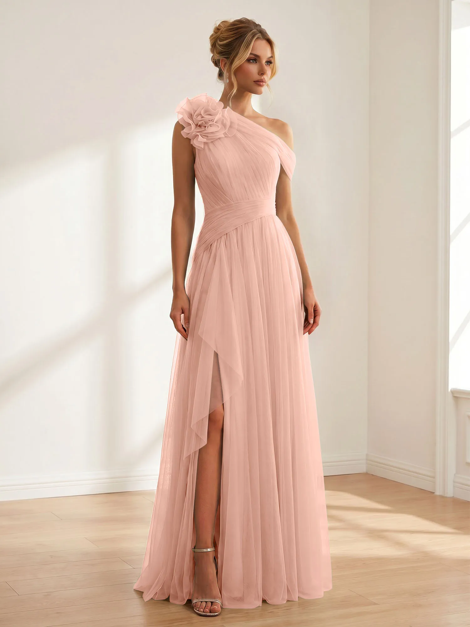 One-Shoulder Tulle Evening Gown with Floral Accent