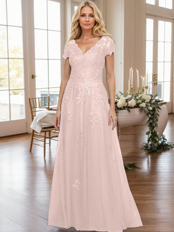 A-Line V-Neck Short Sleeves Sweep Train Lace/Tulle Mother Of The Bride Dresses