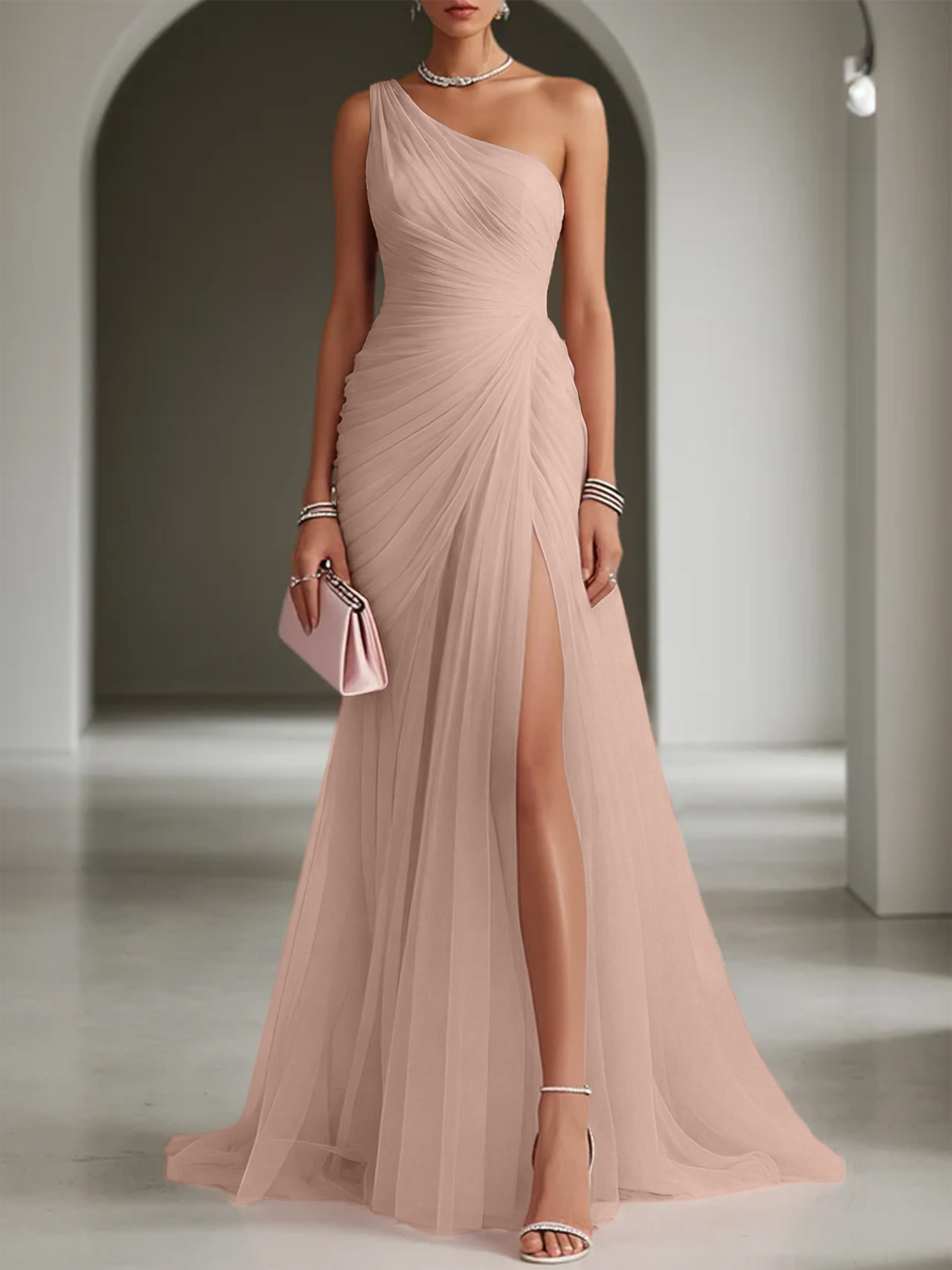 Pink Ruched Slit Tulle Strapless One Shoulder Sheath Gown Dress