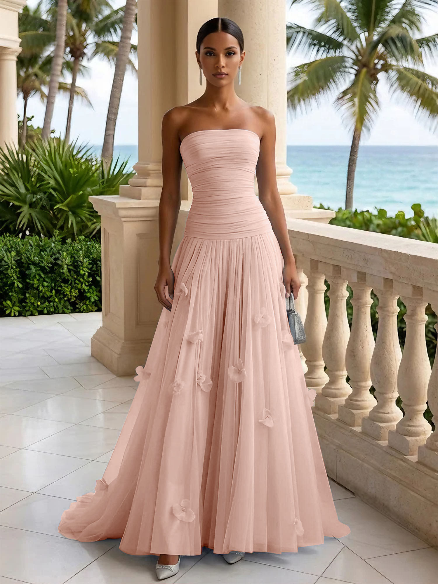 Light Blue Evening Dress with 3D Flower Strapless Pleat Maxi Dress