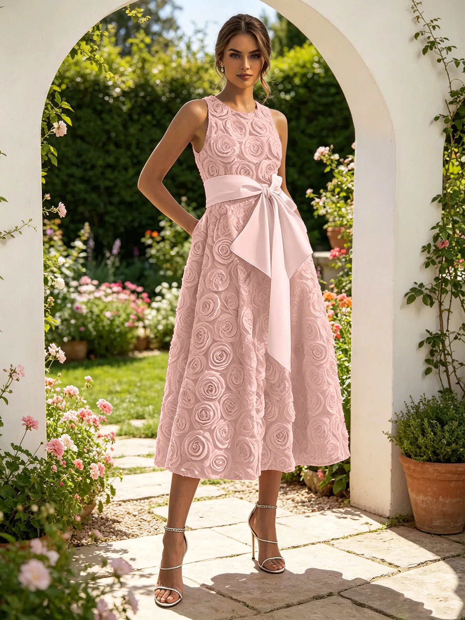 Sleeveless 3D Rose Midi Evening Dress with Satin Bow Sash