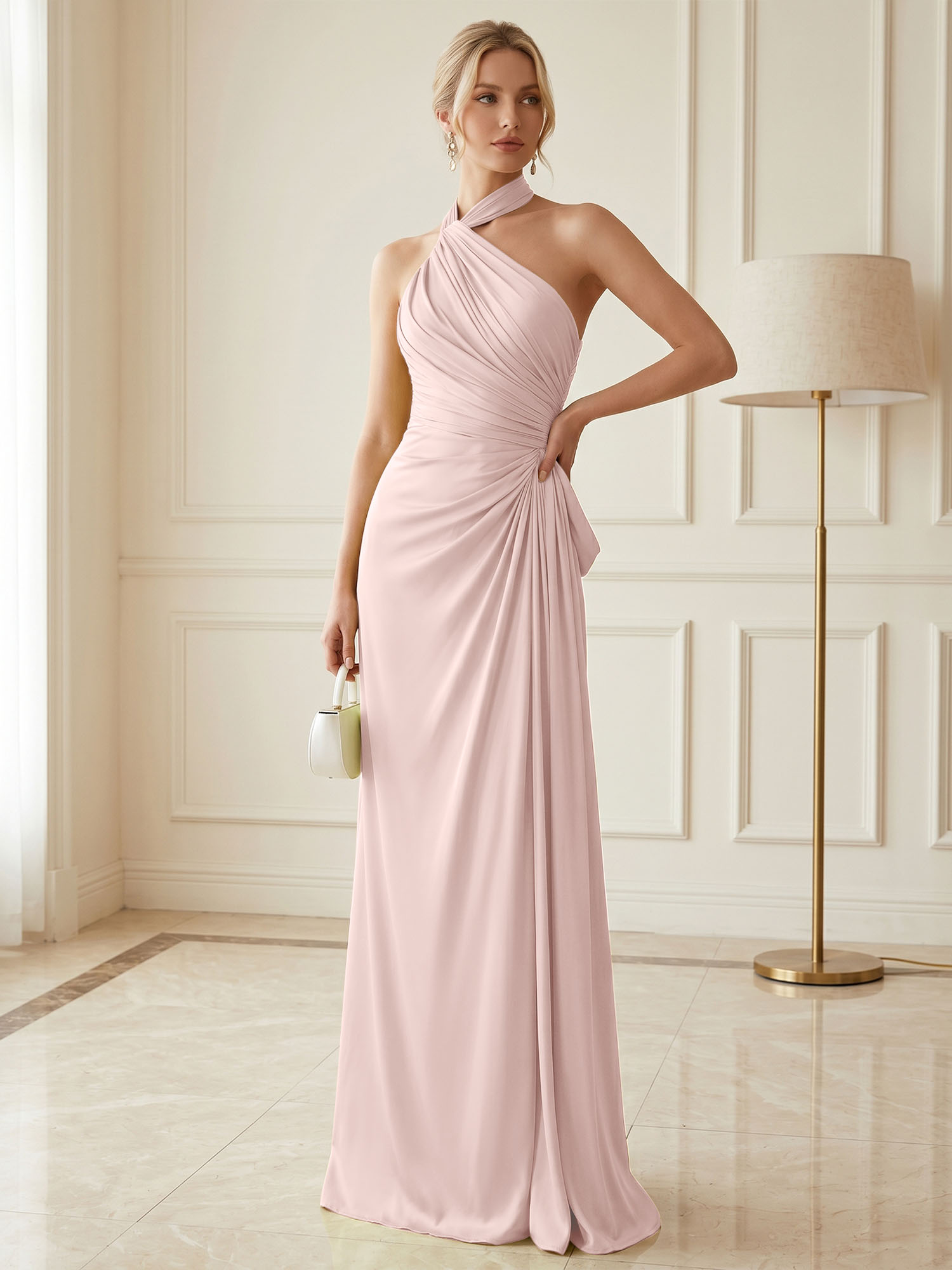 Chartreuse Glow Ruched Halter Satin Evening Dress