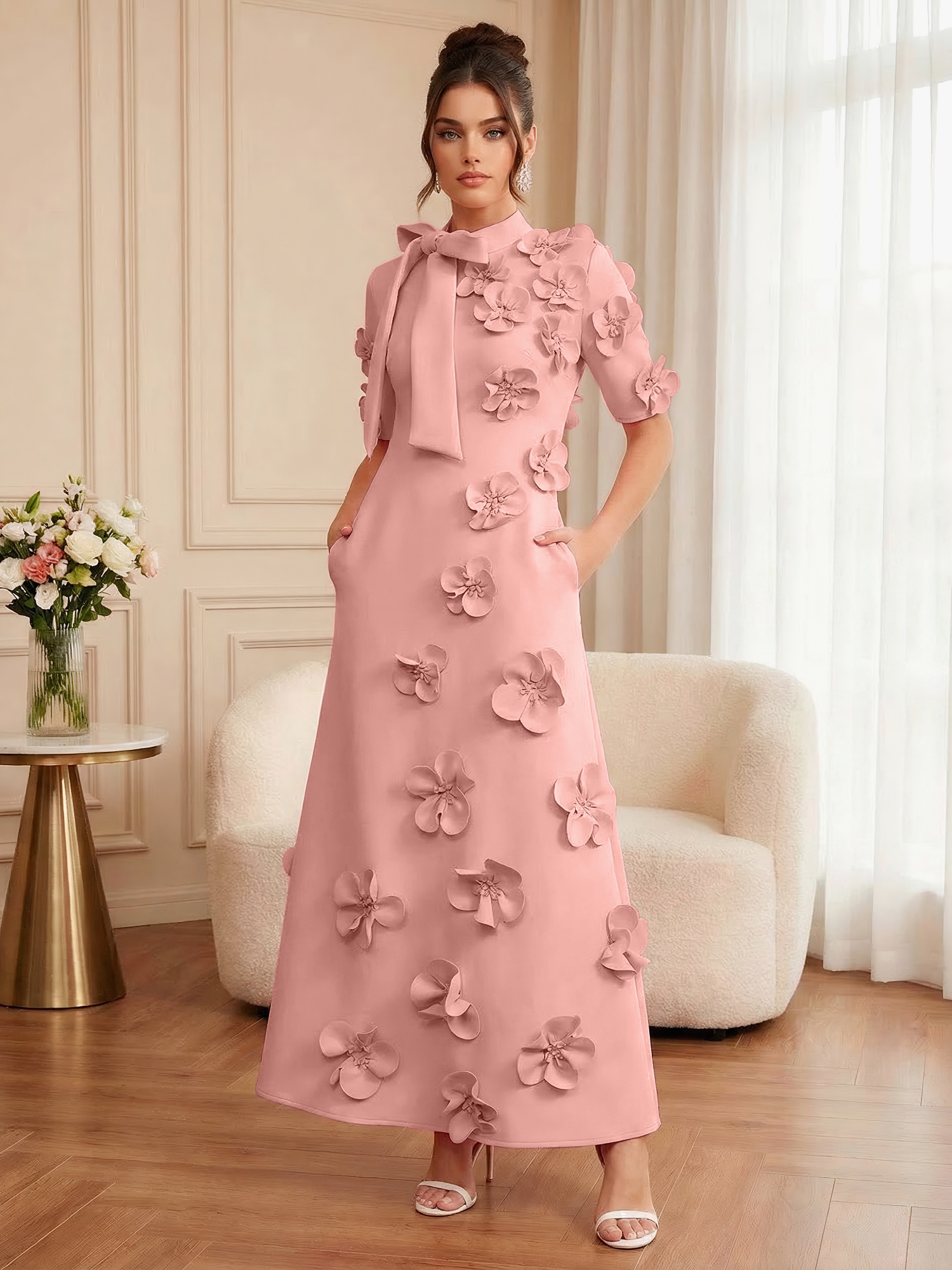 Pink Short Sleeve 3D Floral Maxi Dress Gown