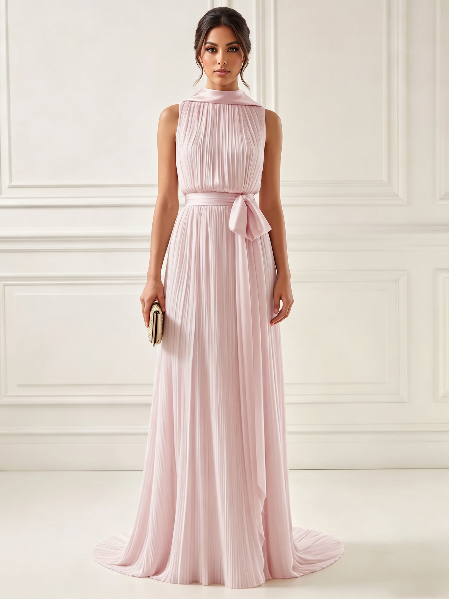 Ethereal Pleated Pastel Pink High Neck Maxi Formal Evening Dress with Satin Sash