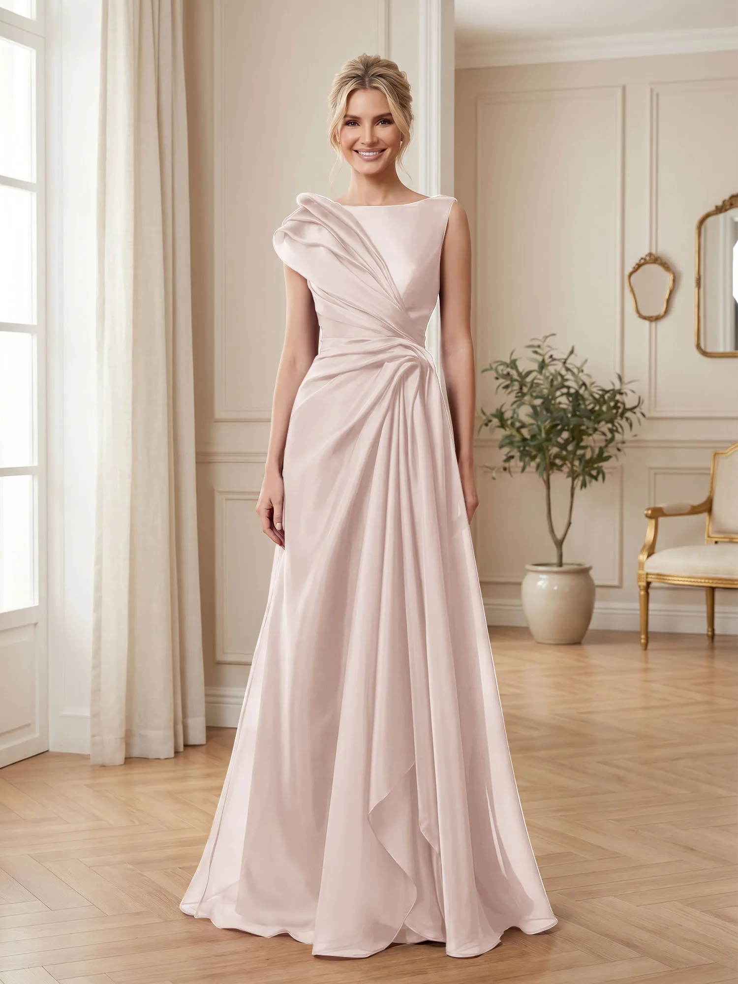 A Line Ruched Draped Tulle Evening Gown