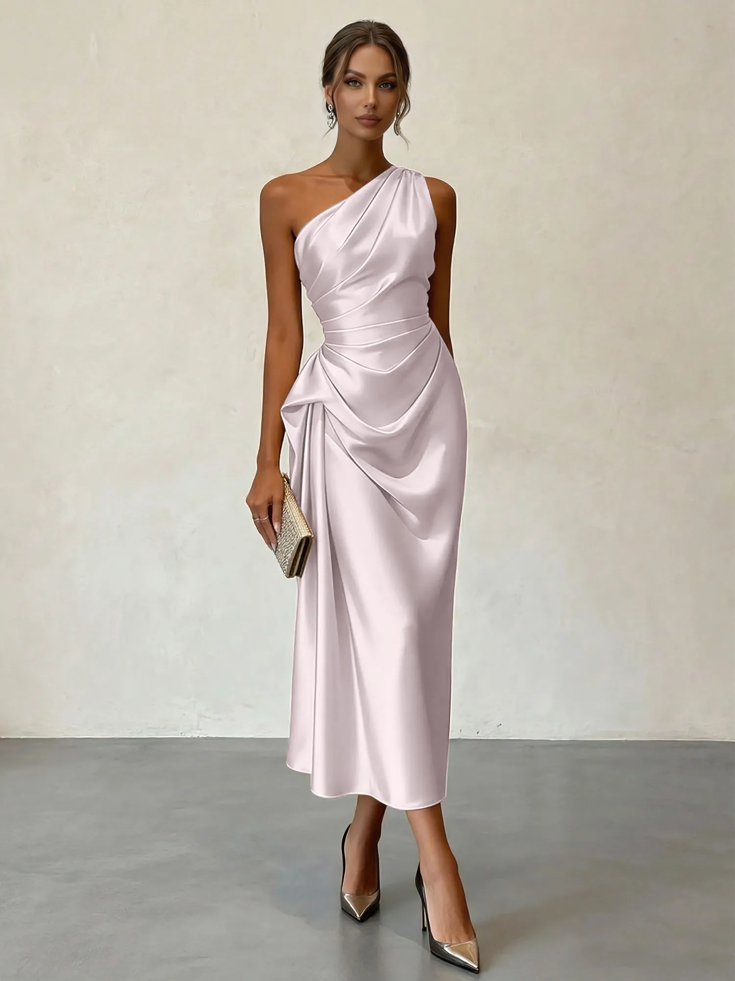 One-Shoulder Ruched Satin Midi Evening Dress with Draped Detail