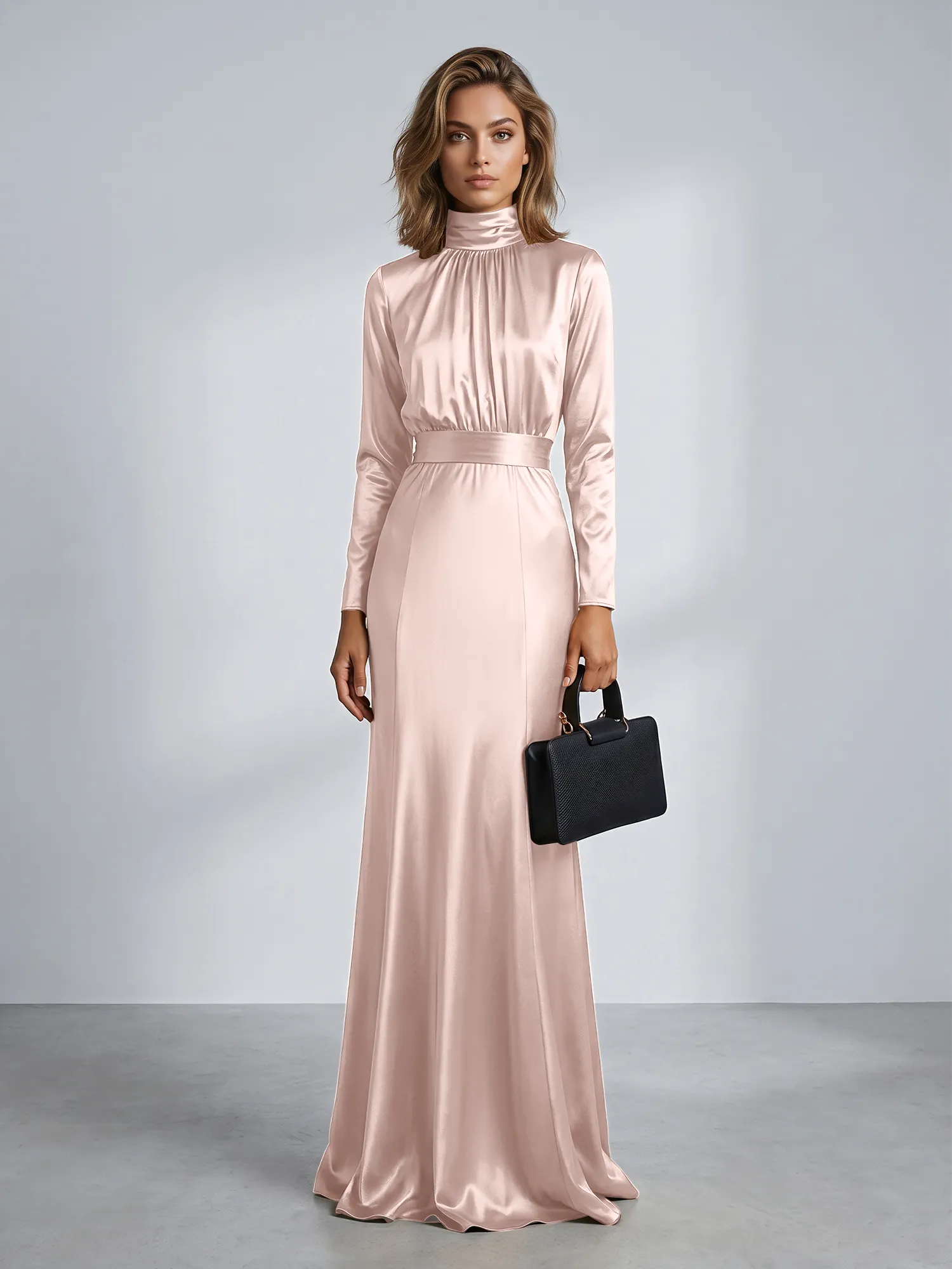 High Neck Long Sleeve Satin Mermaid Evening Gown with Waist Sash