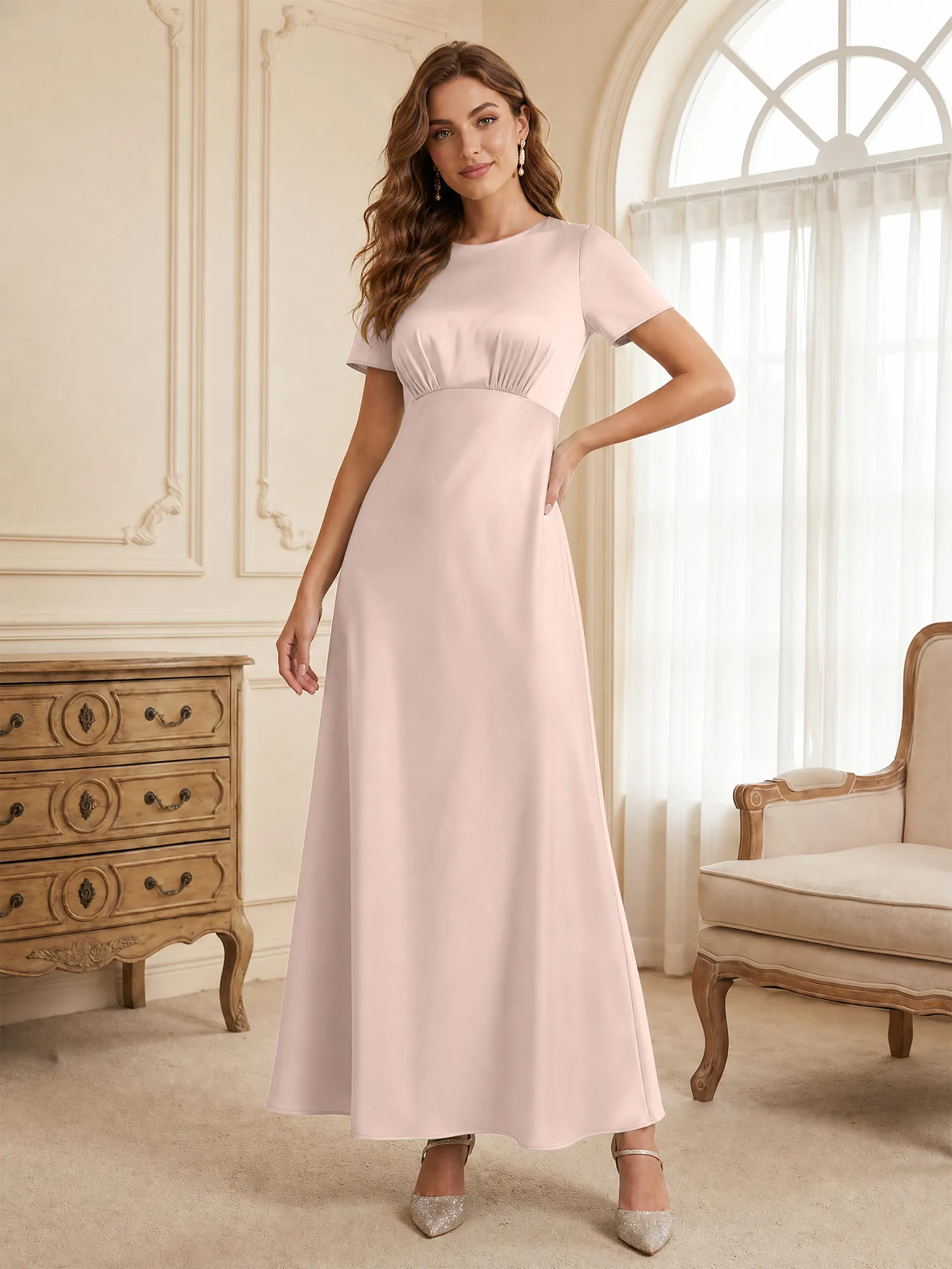 Round Neck Short Sleeve Satin Bridesmaid Dress