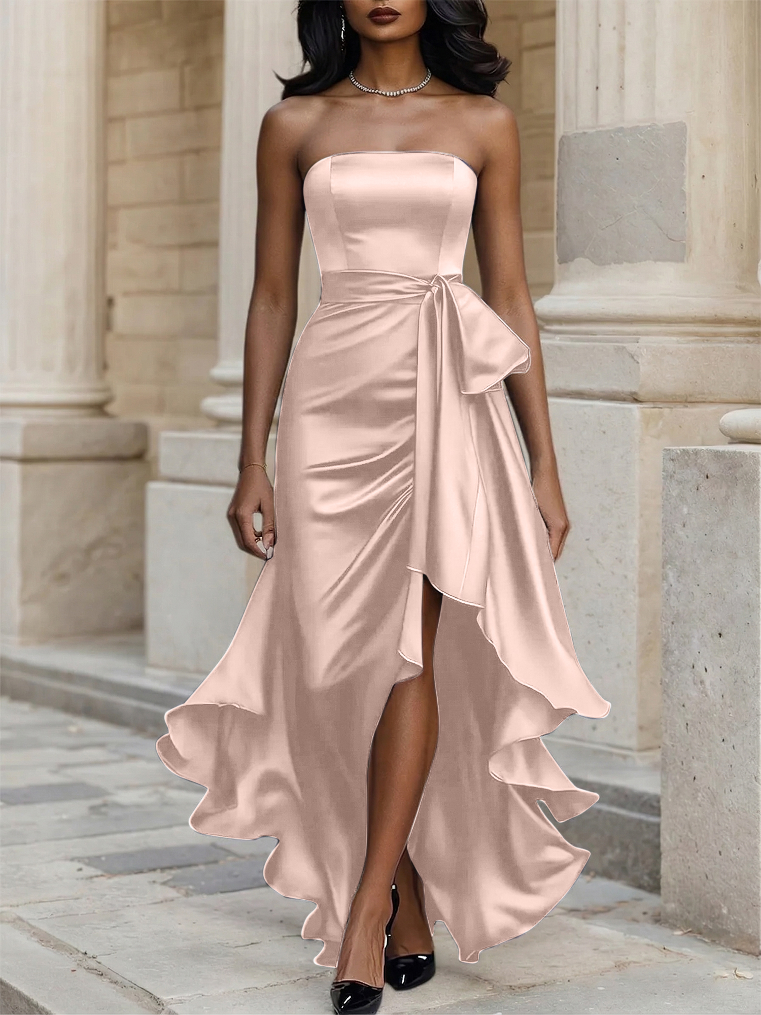 Glamorous Formal Dress Midnight Navy Strapless High-Low Satin Gown Midi Dress