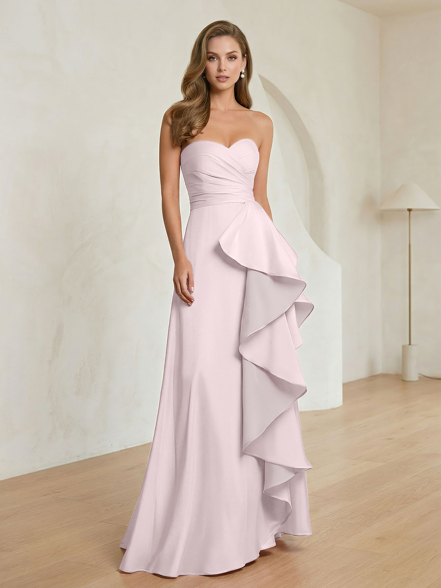 Formal Evening Dress Blush Strapless Ruffle Maxi Dress Gown