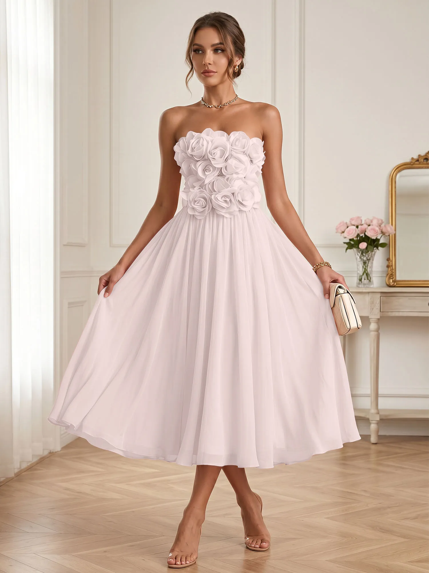 Strapless 3D Floral Chiffon A-Line Midi Formal Dress
