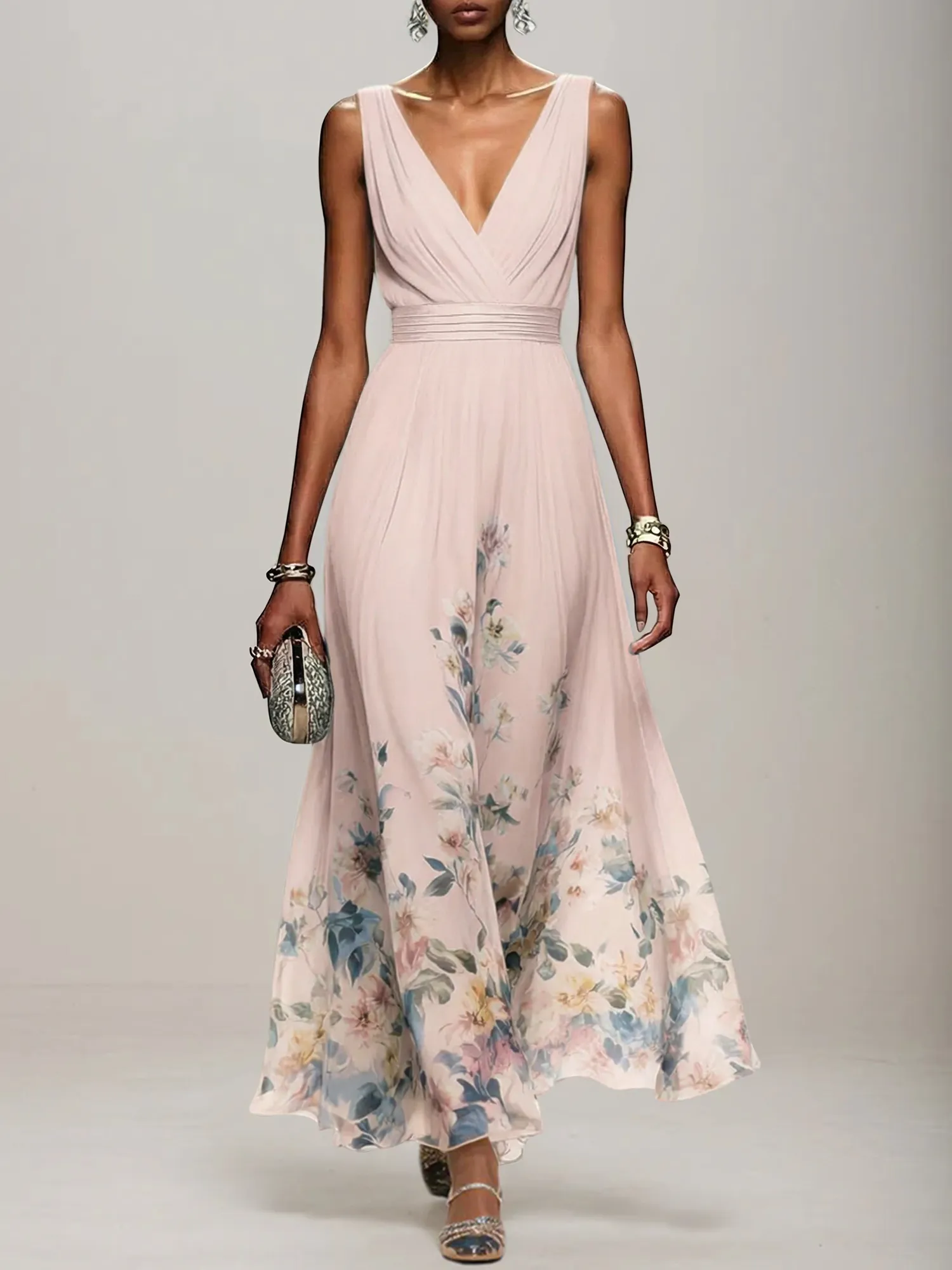V-Neck Floral Print Chiffon Maxi Evening Dress with Satin Waist Bow