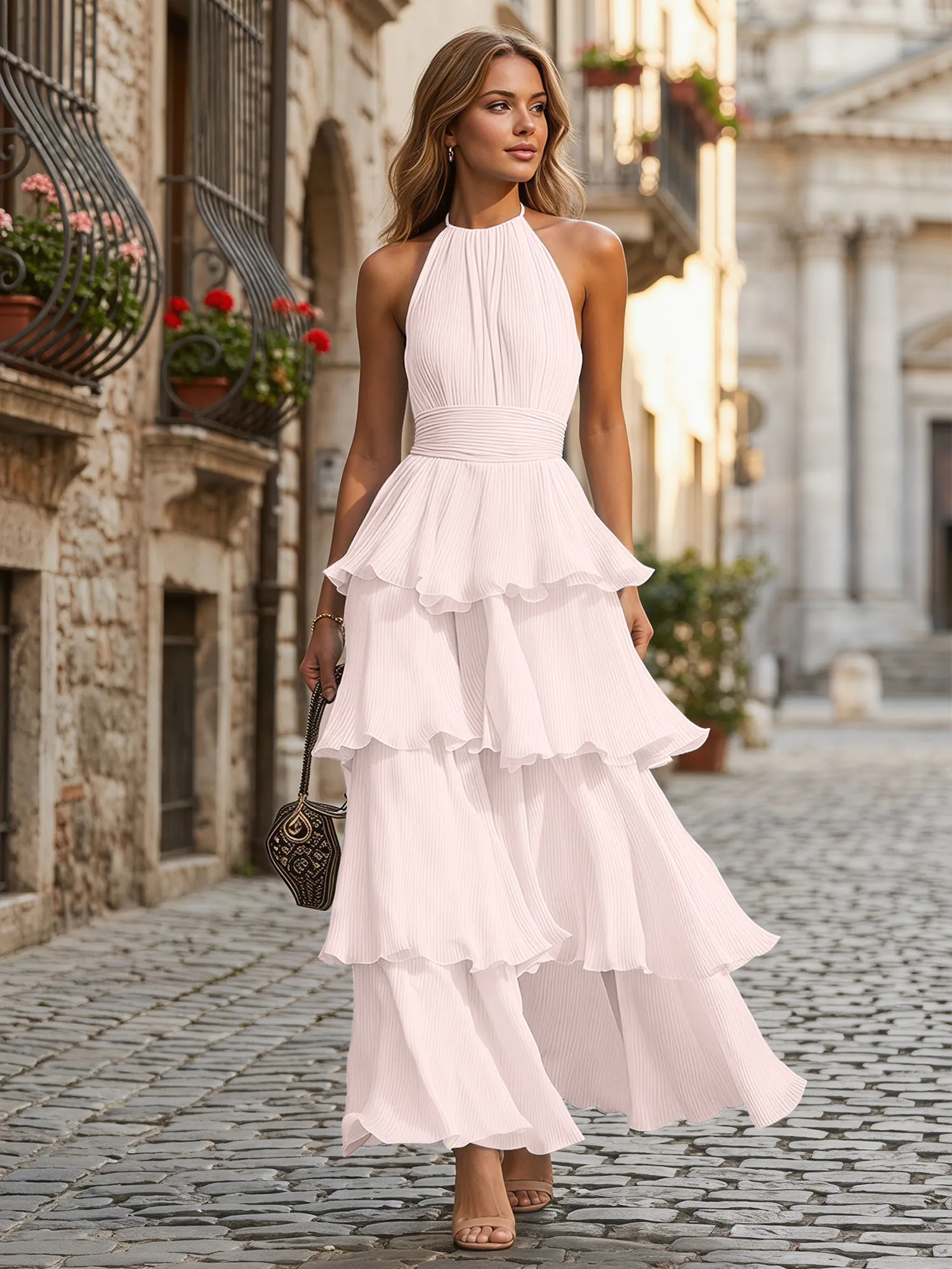 A Line Halter Neck Tiered Ruffle Chiffon Evening Dress