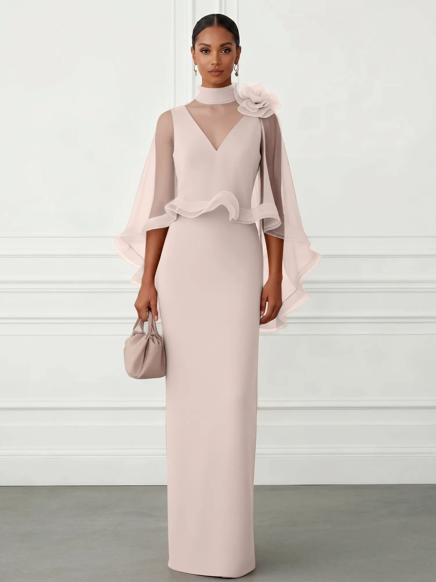 High-Neck Chiffon Cape Sleeve Sheath Evening Gown