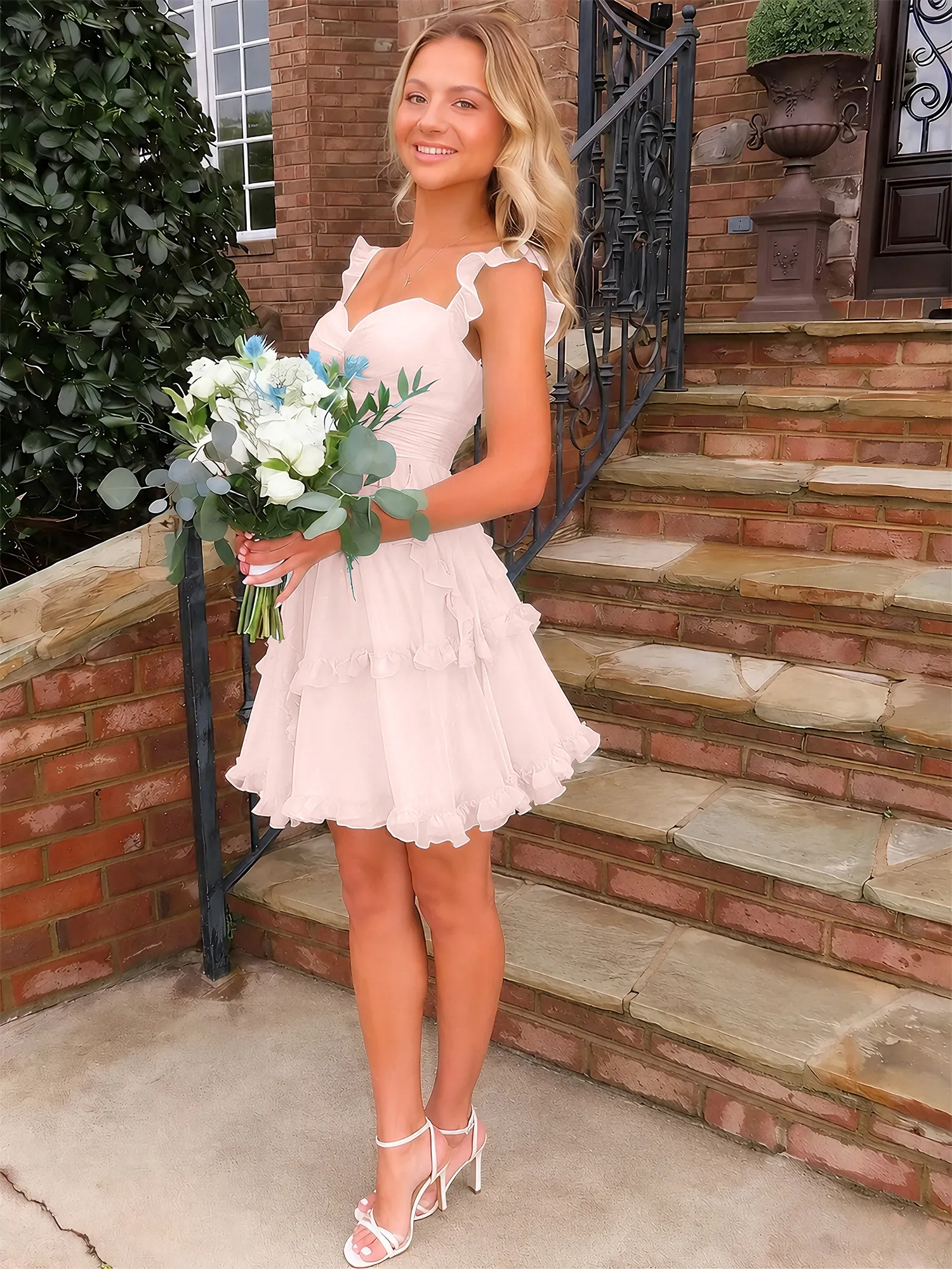 A Line Ruffled Tiered Chiffon Homecoming Dress with Lace-Up Back