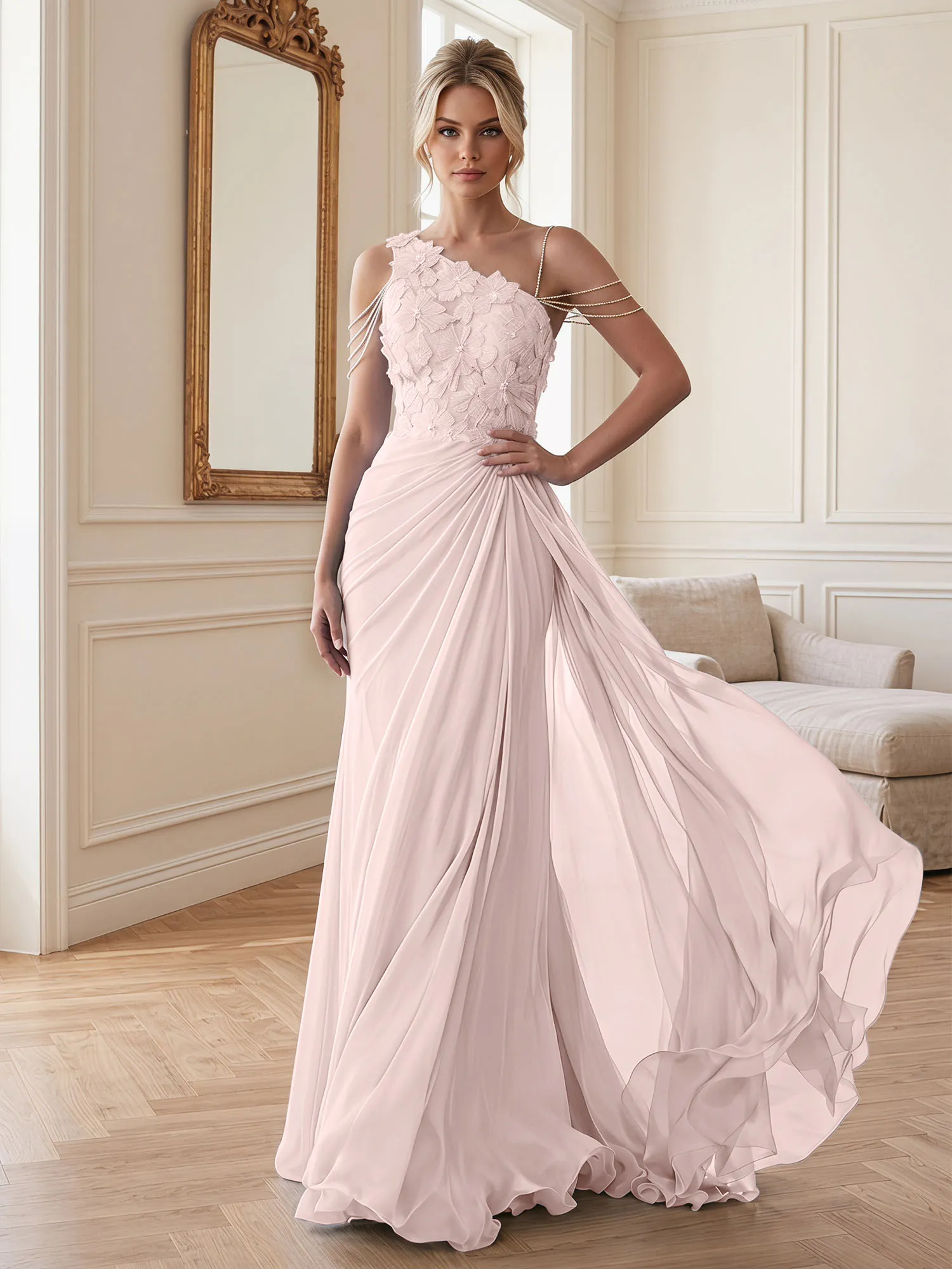 One-Shoulder Floral Lace Chiffon Evening Gown