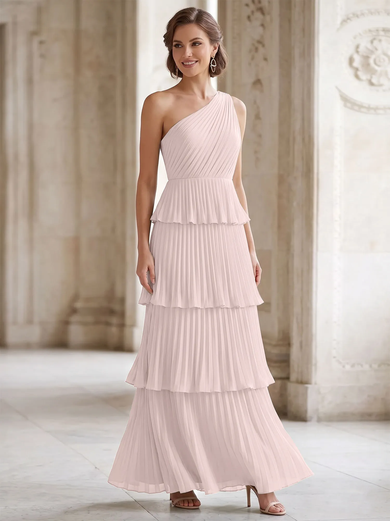 One-Shoulder Tiered Pleated Chiffon Evening Gown