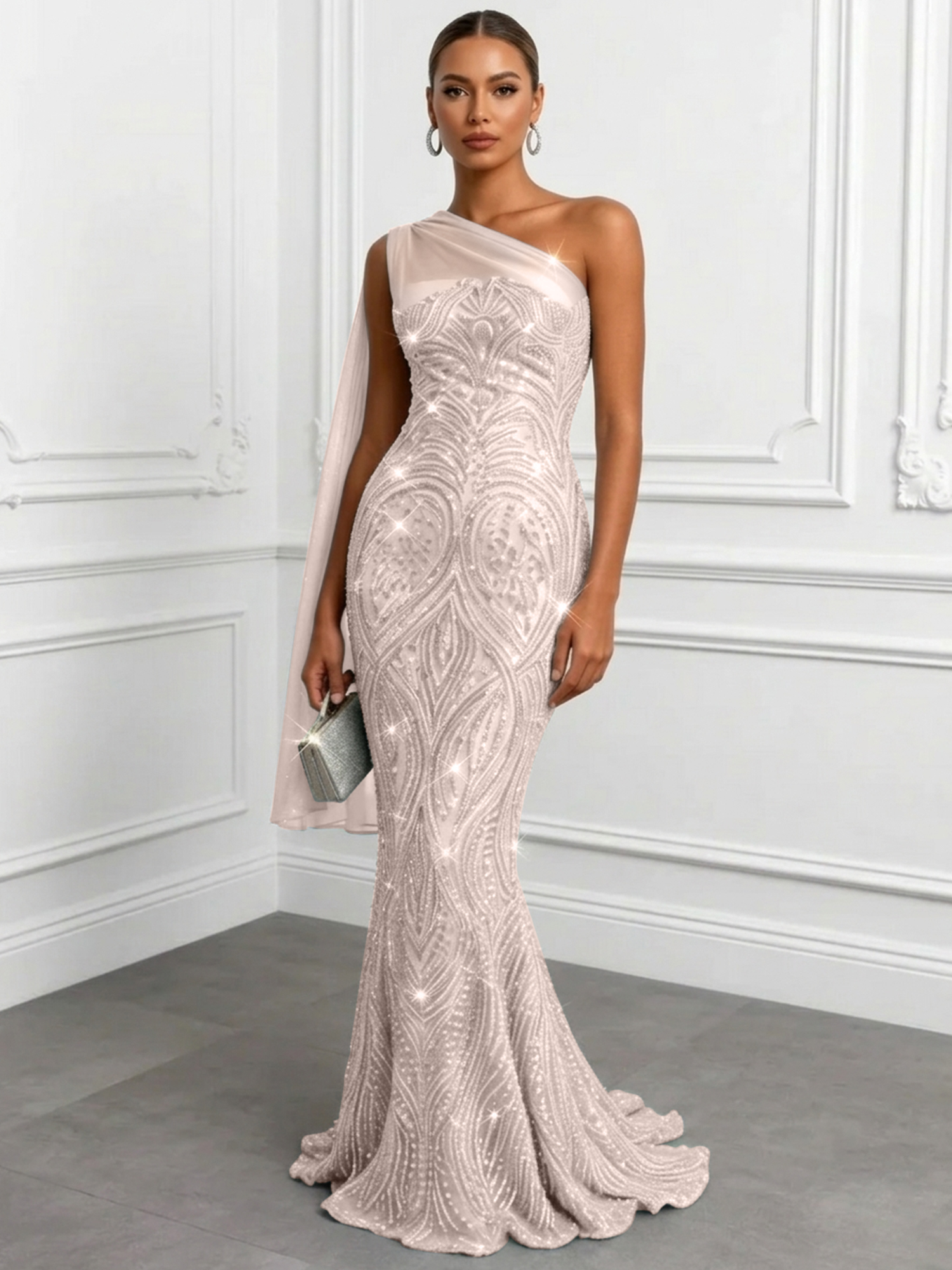 Shimmering Sage One-Shoulder Sequin Mermaid Evening Dress