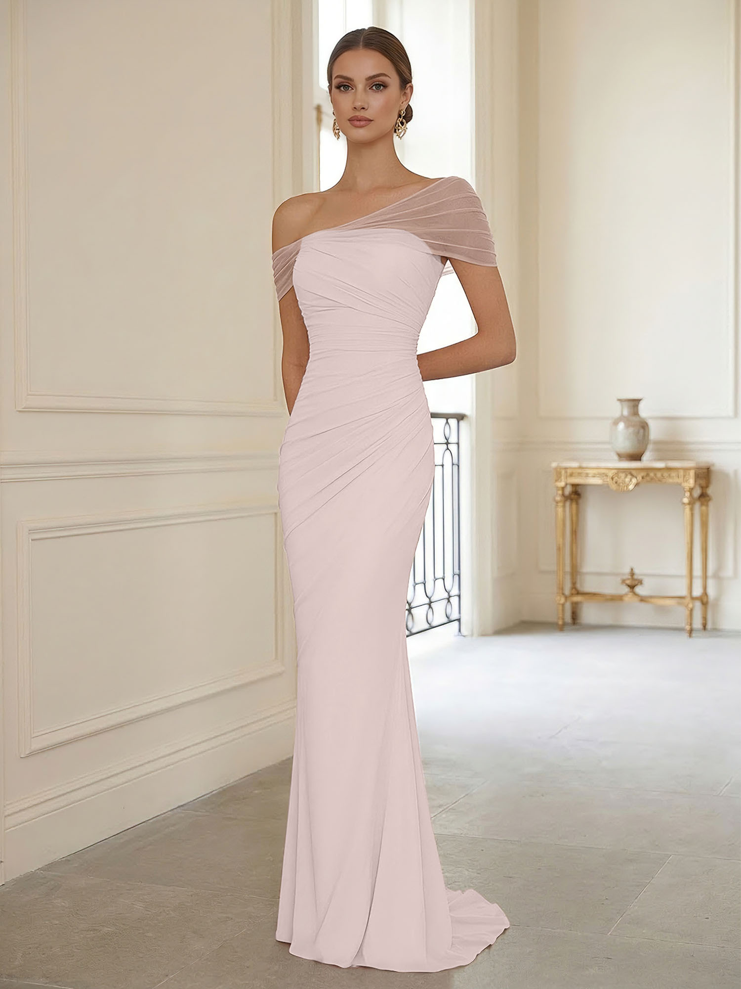 Sophisticated Blush Pink Asymmetrical Ruched Maxi Dress Evening Gown