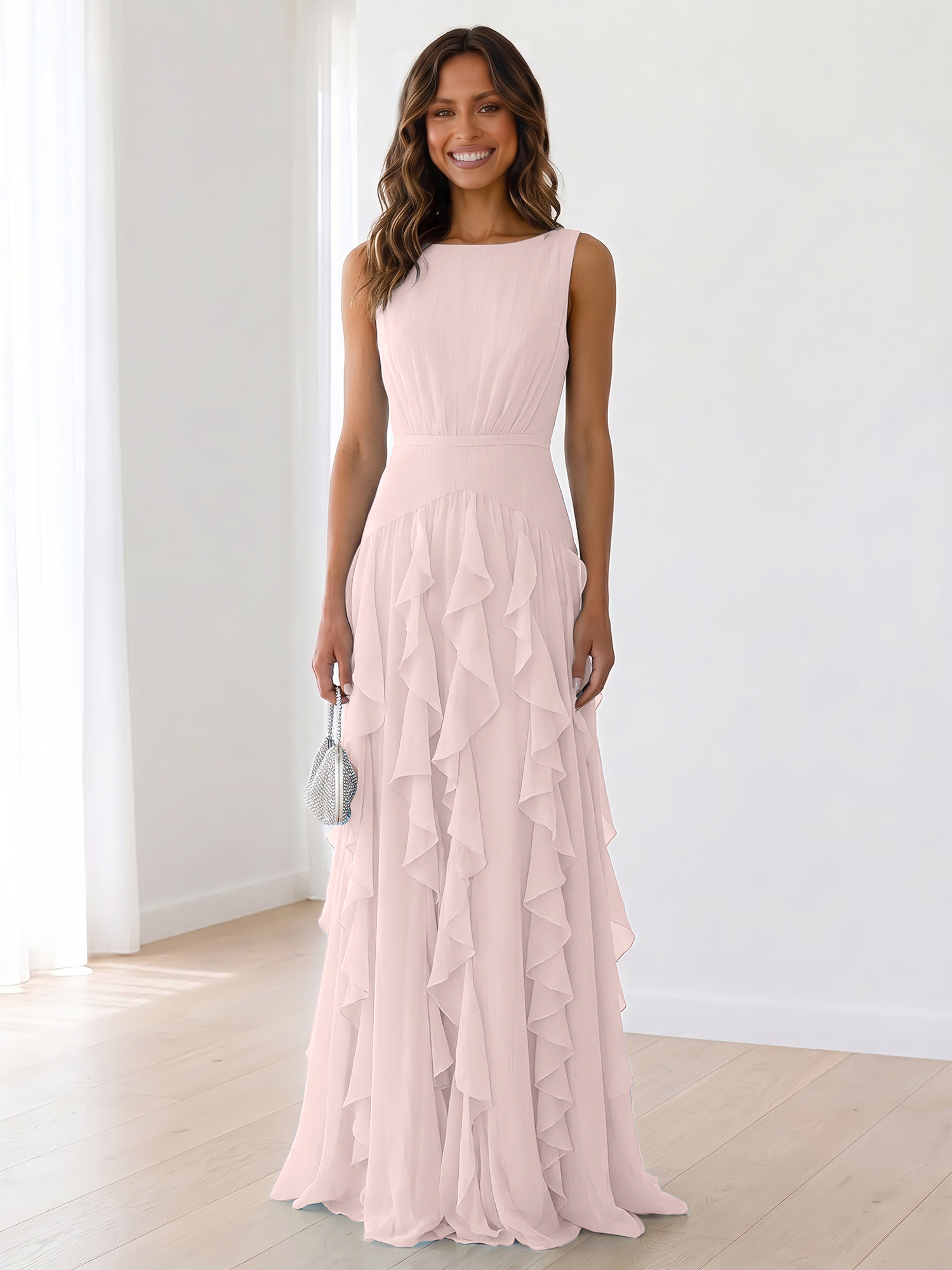 Ethereal Powder Blue Cascading Ruffle Maxi Formal Evening Dress