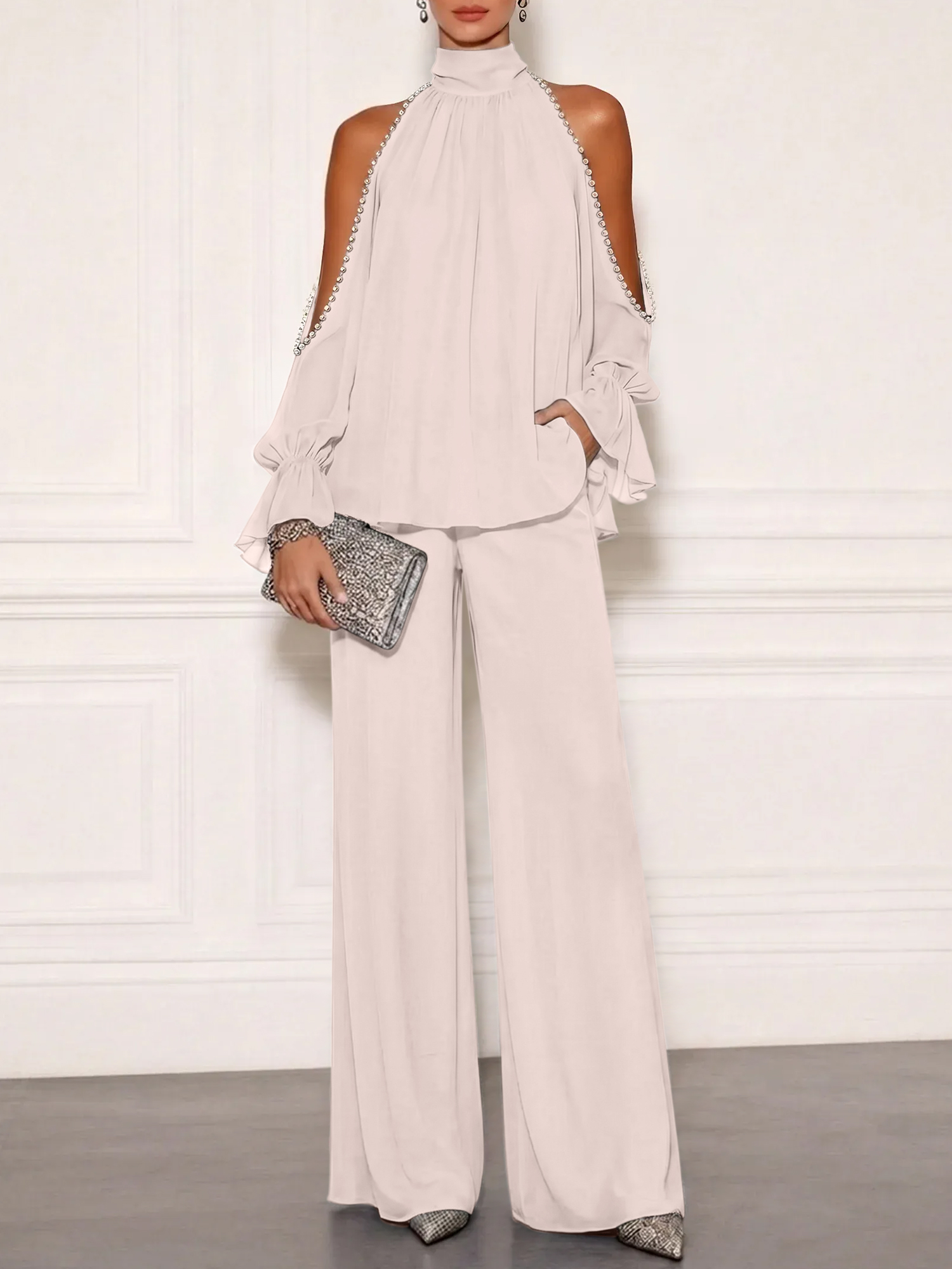 Sophisticated Embellished Cold Shoulder Formal Evening Jumpsuit