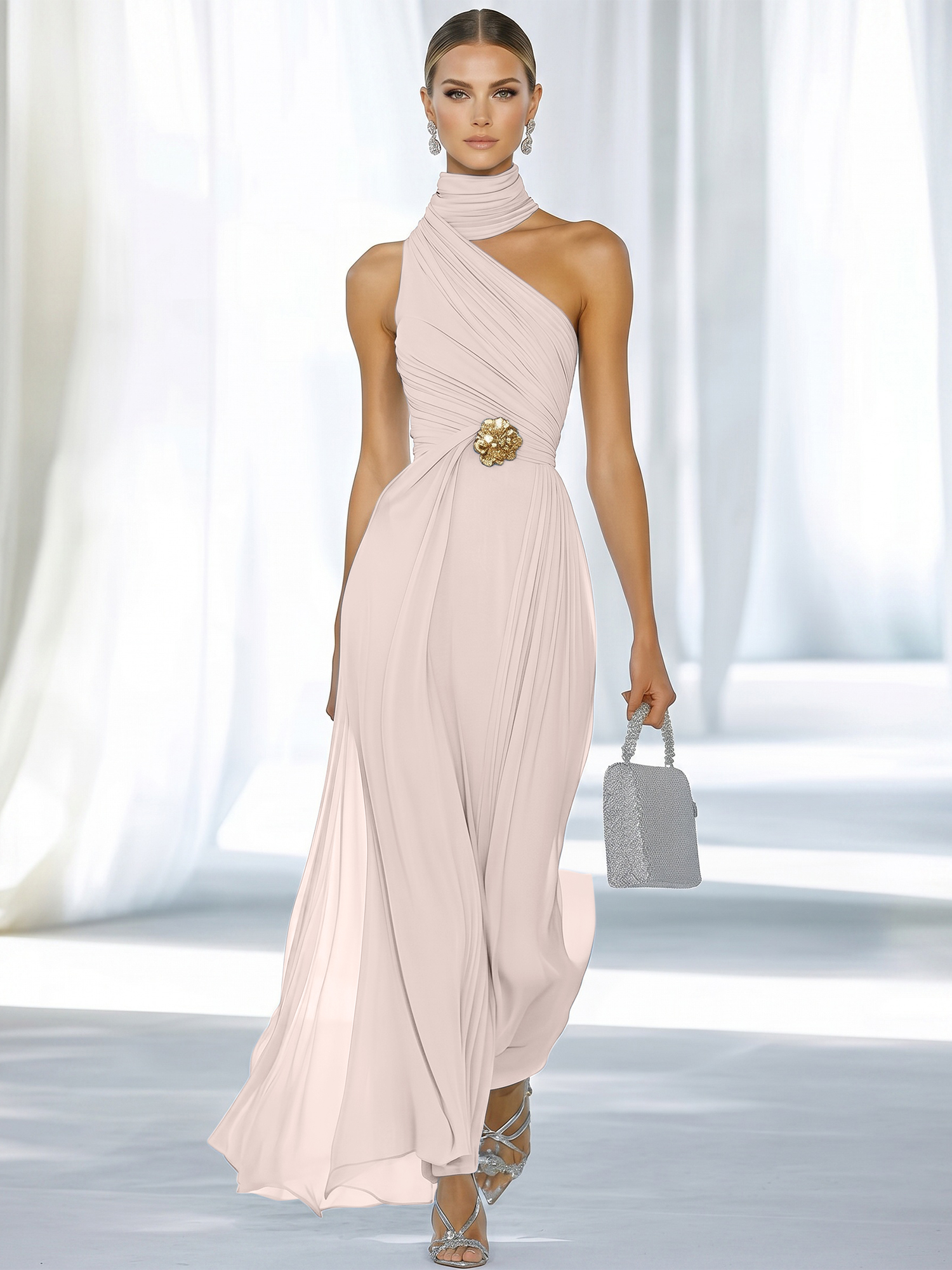 Sky Blue Pleated Chiffon Halter Strapless Formal Evening Dress