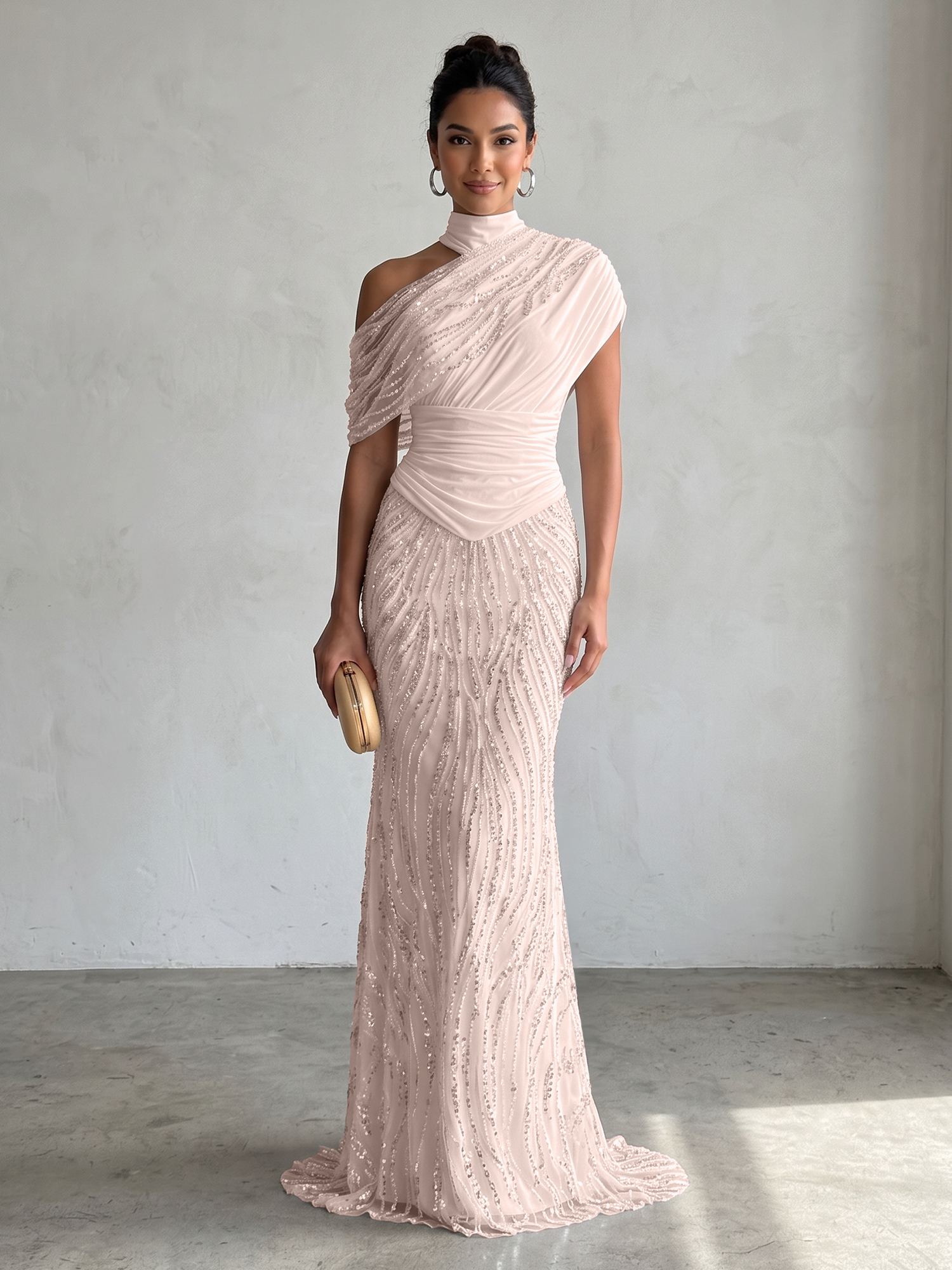 Ethereal White Beaded High-Neck Draped Sheath Formal Evening Dress