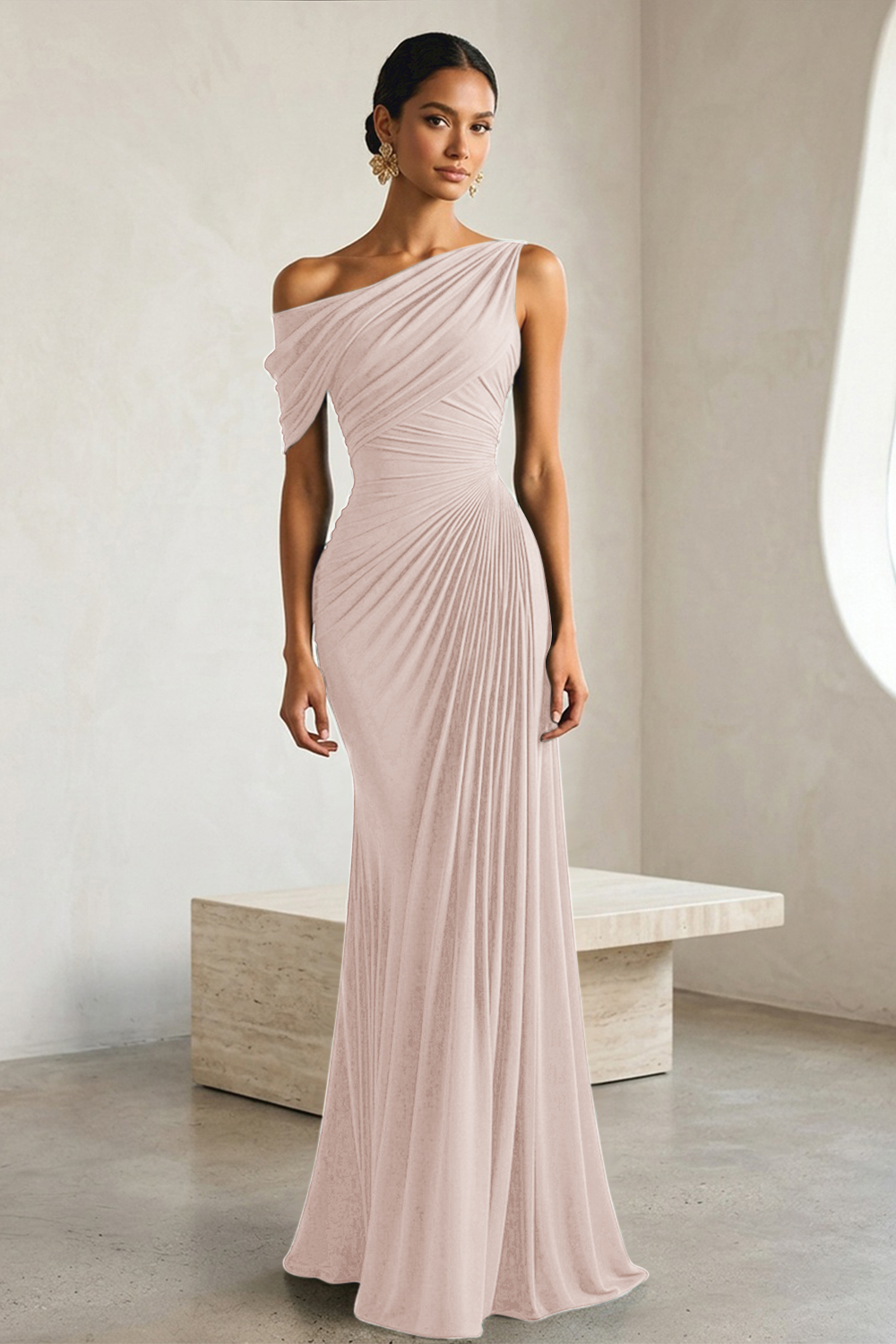 Timeless Black Architectural One-Shoulder Sheath Evening Gown