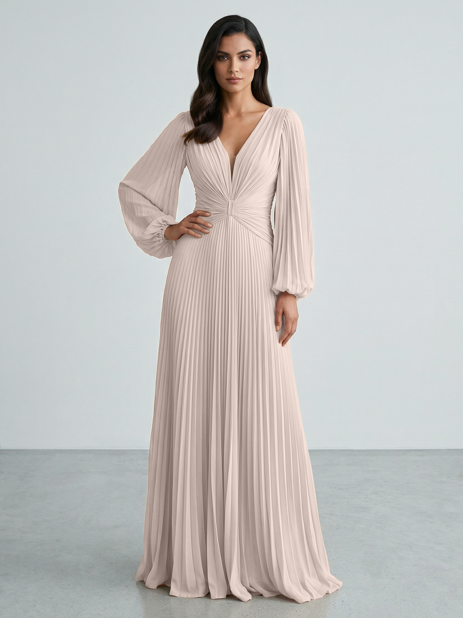 Slate Blue Plunging V-Neck Pleated Long Sleeve Maxi Dress Gown