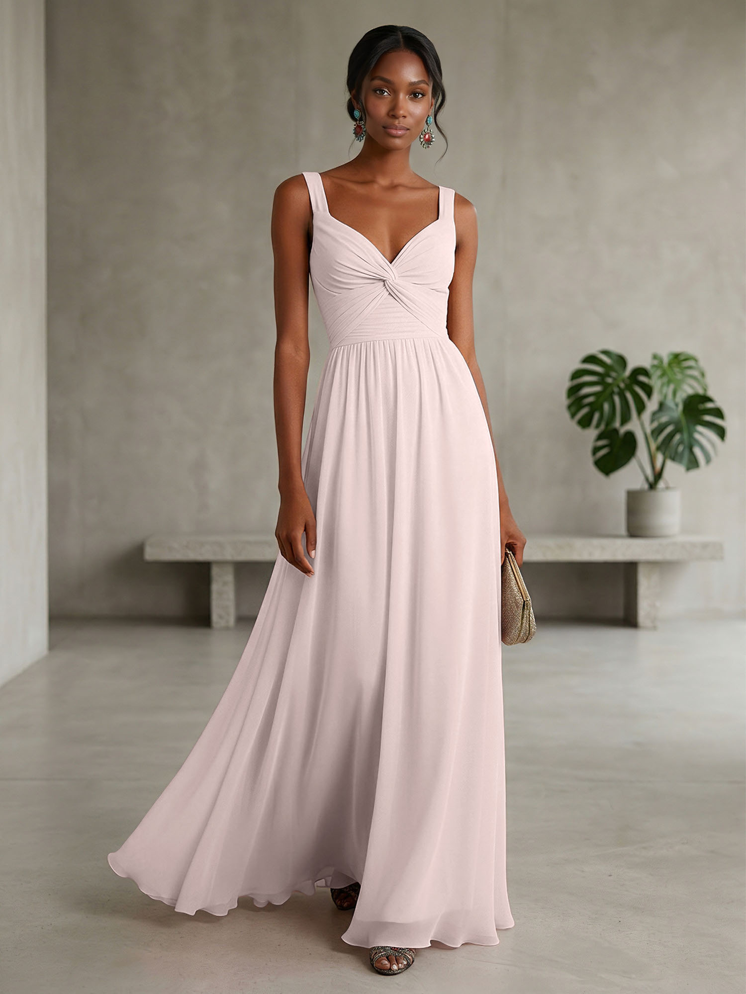 Elegant Soft Blush Twist-Front Chiffon Maxi Gown
