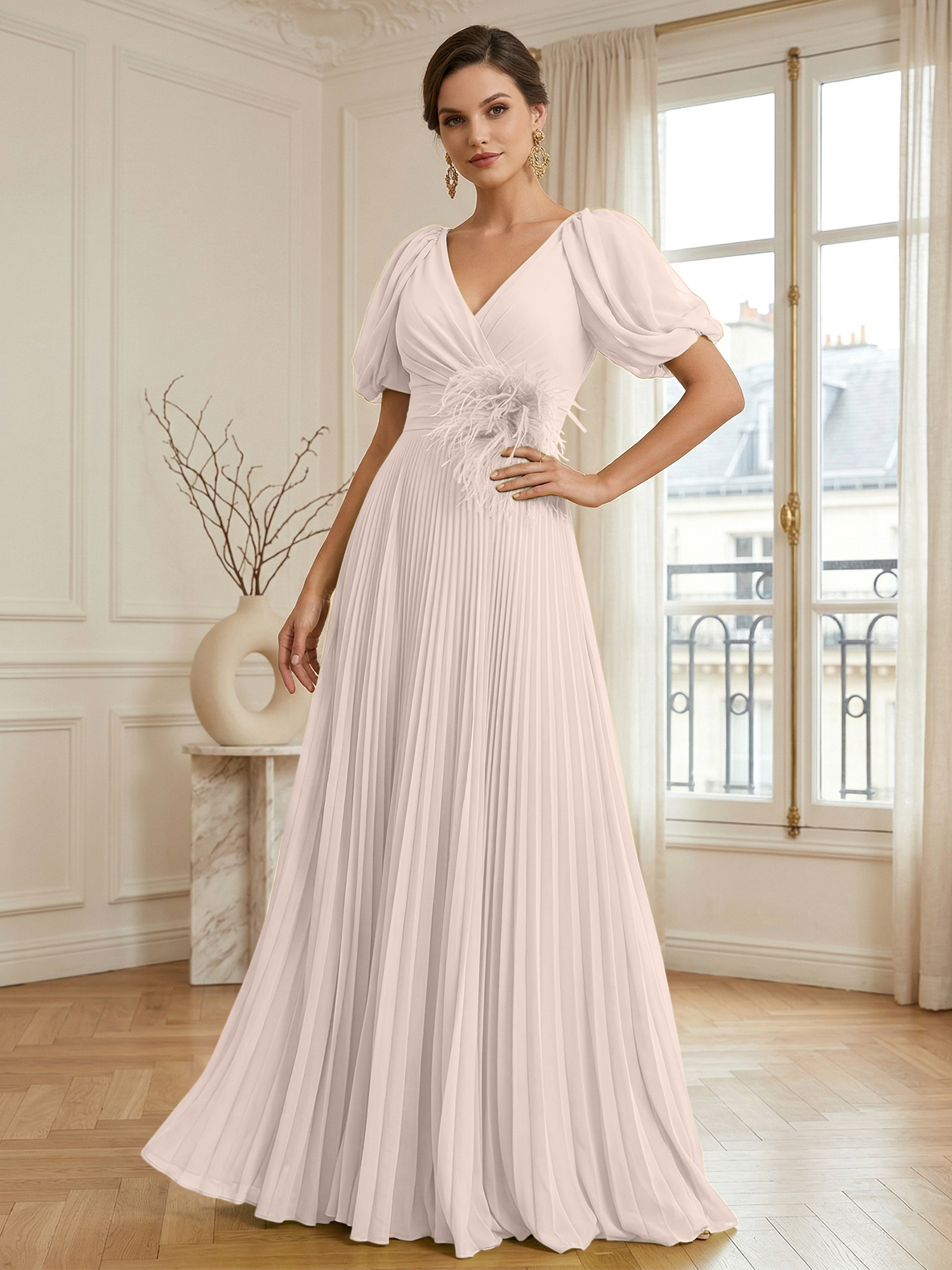 A-Line Chiffon Evening Gown with Feather V-Neck Short Sleeves Formal Dress