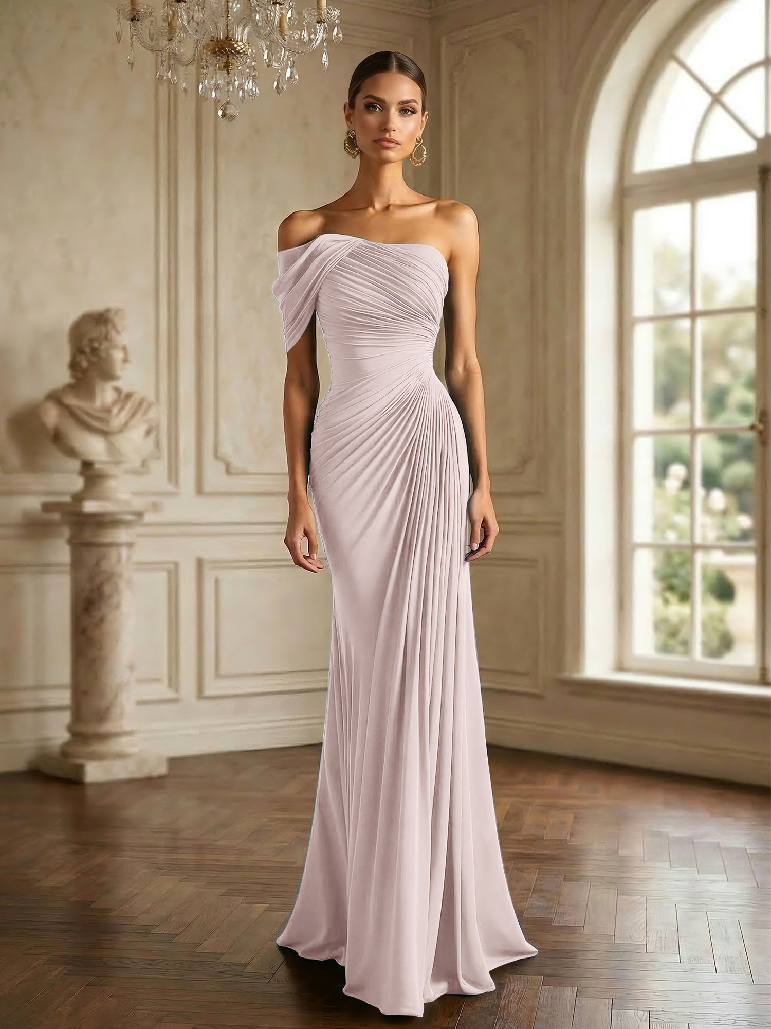 One Shoulder Pleat Mermaid Chiffon Evening Dresses for Women Gown