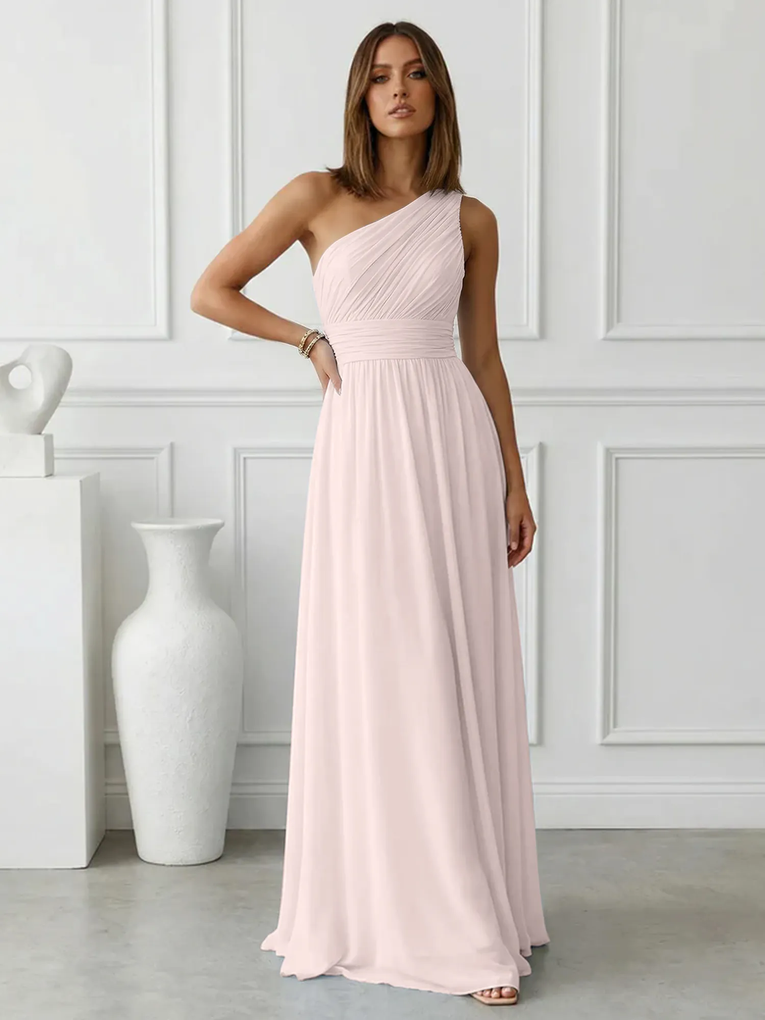 One-Shoulder Pleated Chiffon A-Line Evening Dress