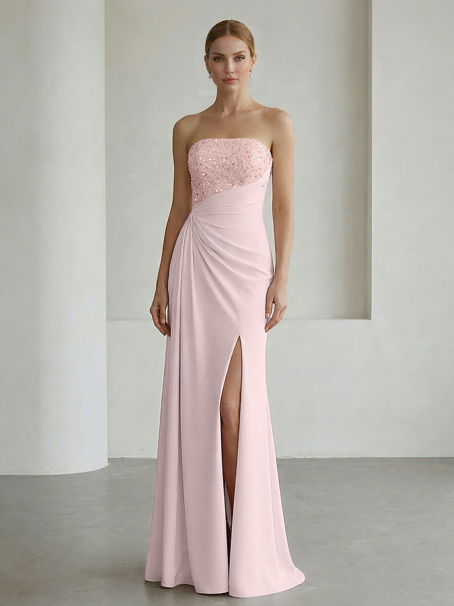 Glamorous Formal Evening Dress Soft Blush Beaded Strapless Slit Gown