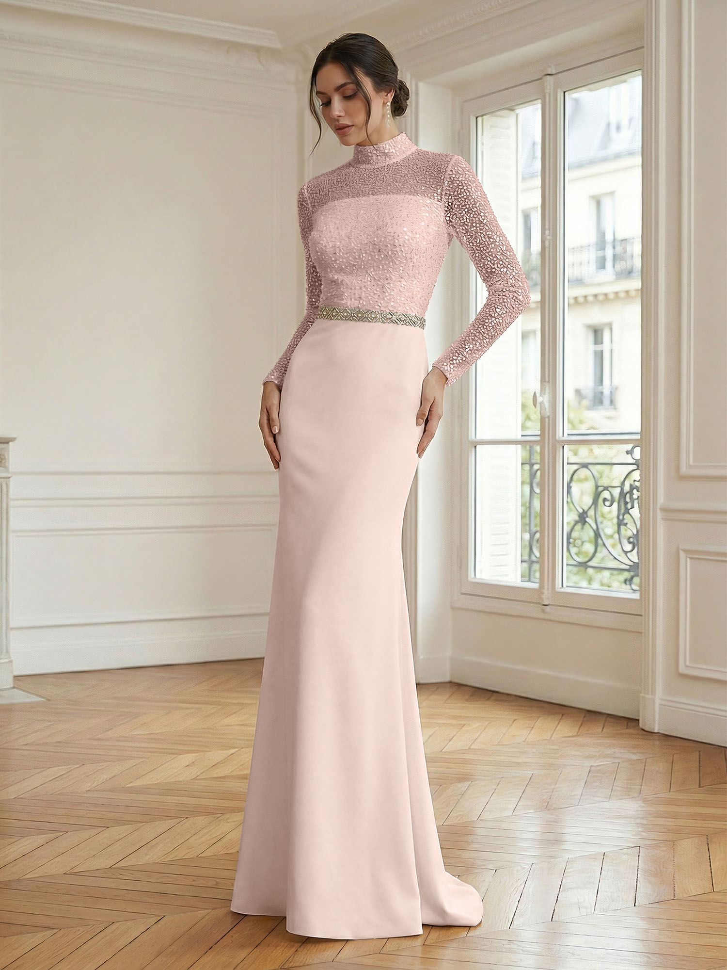 Formal Dress White Sheath Illusion Neck Beaded Chiffon Maxi Dress