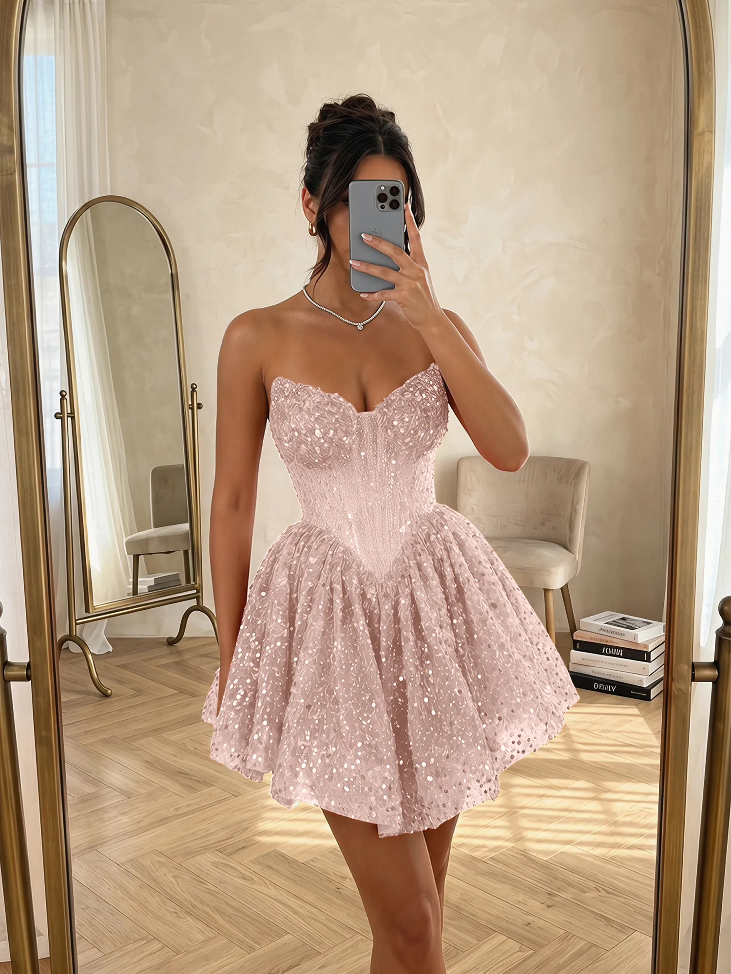 Strapless Sequin Pearl Corset Homecoming Dress with Lace-Up Back