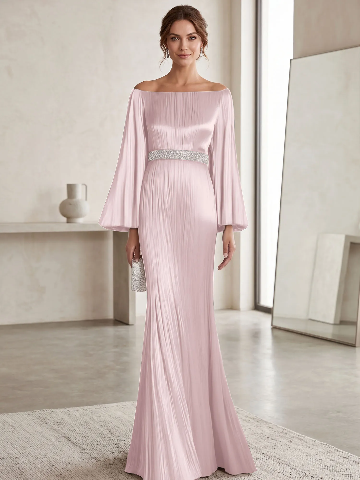Off-the-Shoulder Pleated Satin Evening Gown with Beaded Waistband