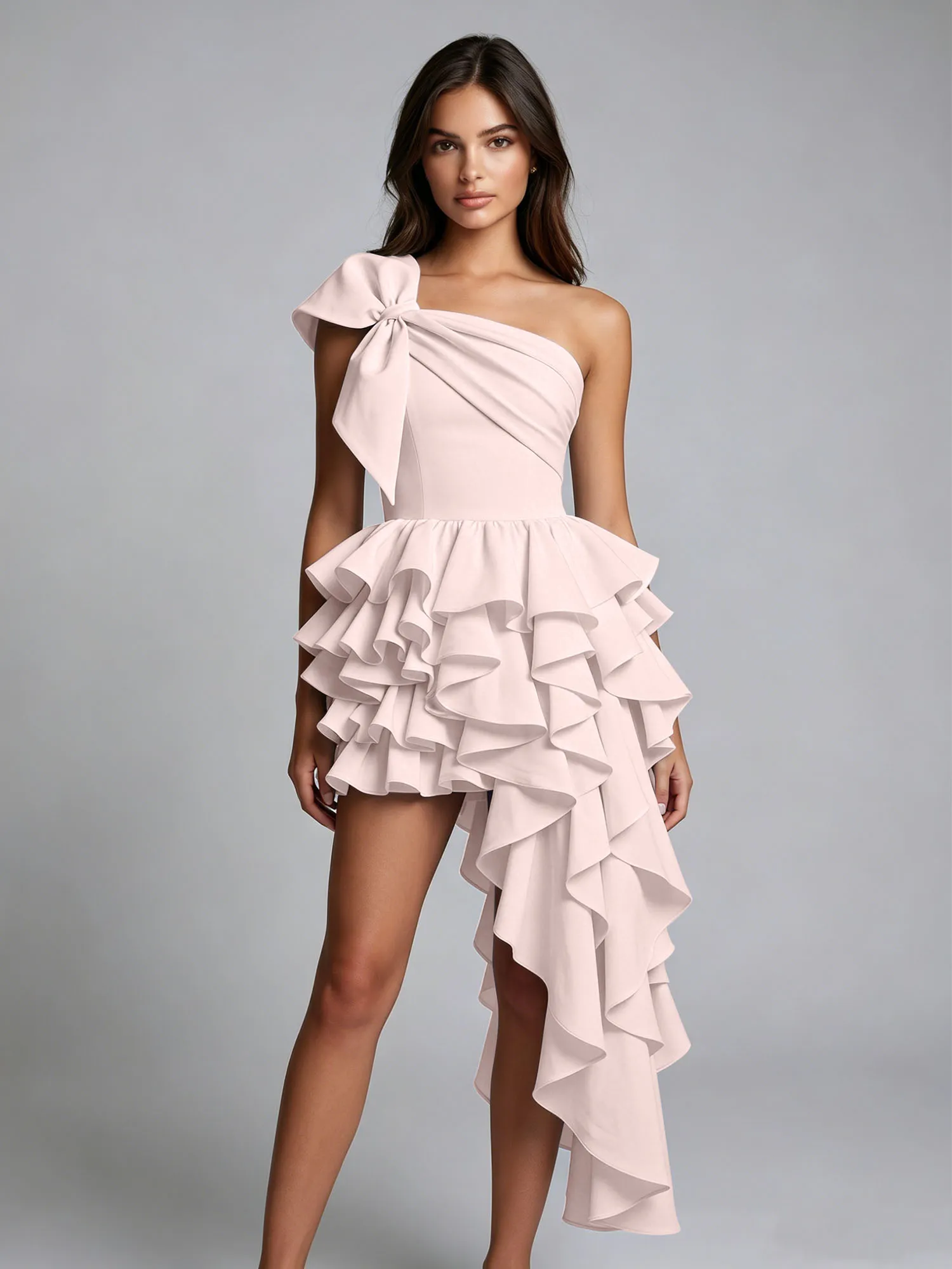 One-Shoulder Bow Tiered Ruffle Asymmetrical Homecoming Dress