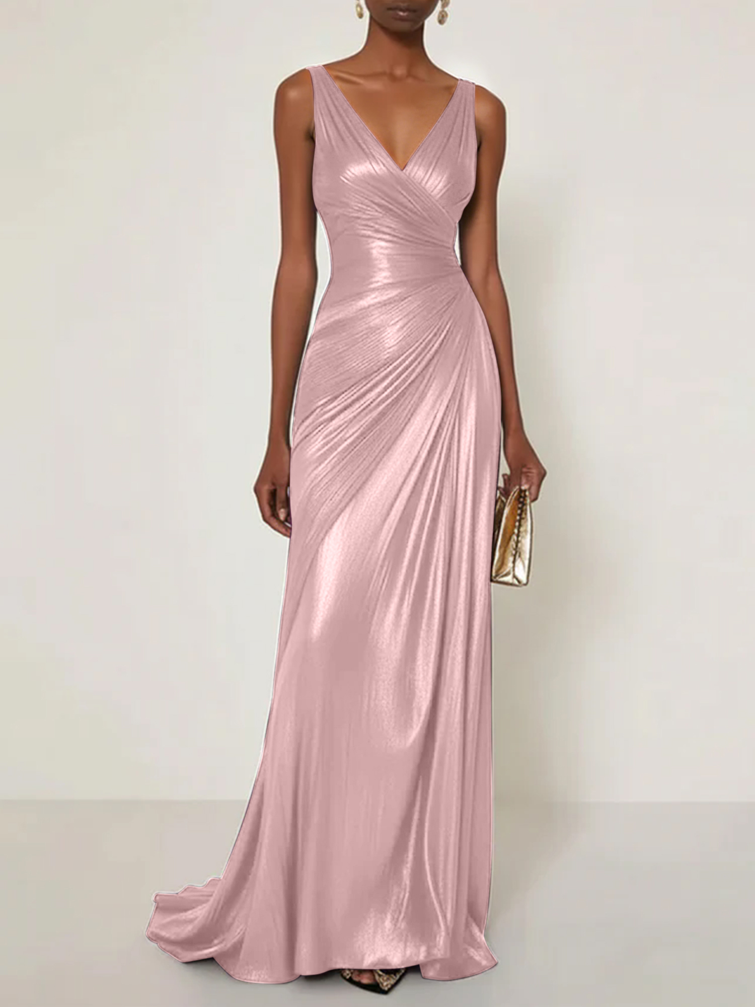 Evening Formal Dress V Neck Silk Ruffles Maxi Dress Gown